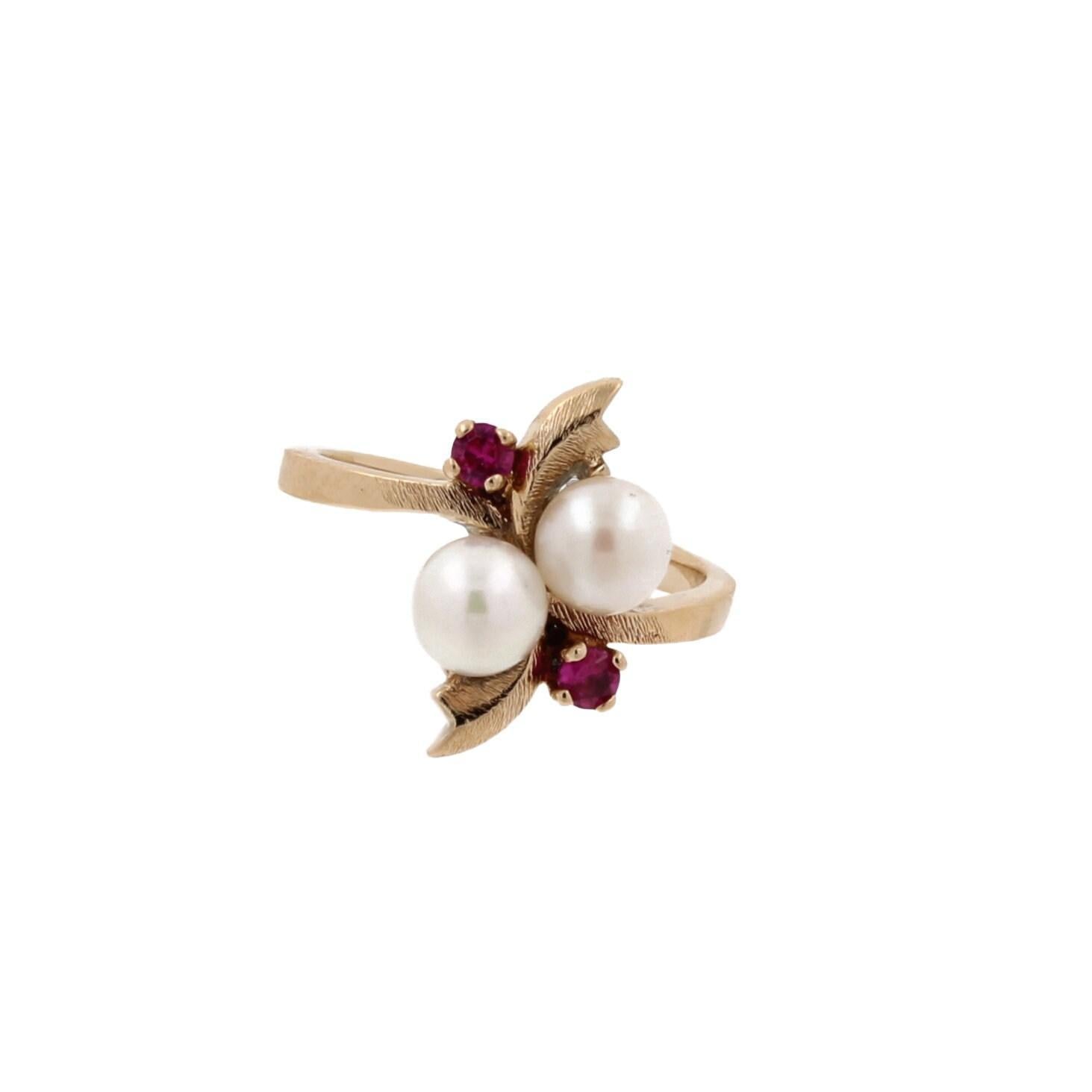 Freshwater Pearl Ruby Bypass Ring 14K Yellow Gold Swirl Design Size 4.75 Vintage
