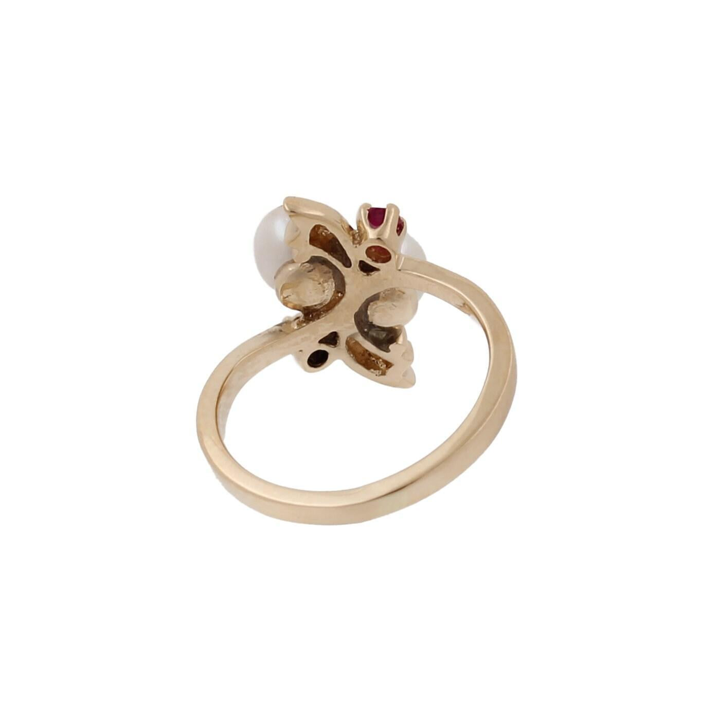 Freshwater Pearl Ruby Bypass Ring 14K Yellow Gold Swirl Design Size 4.75 Vintage