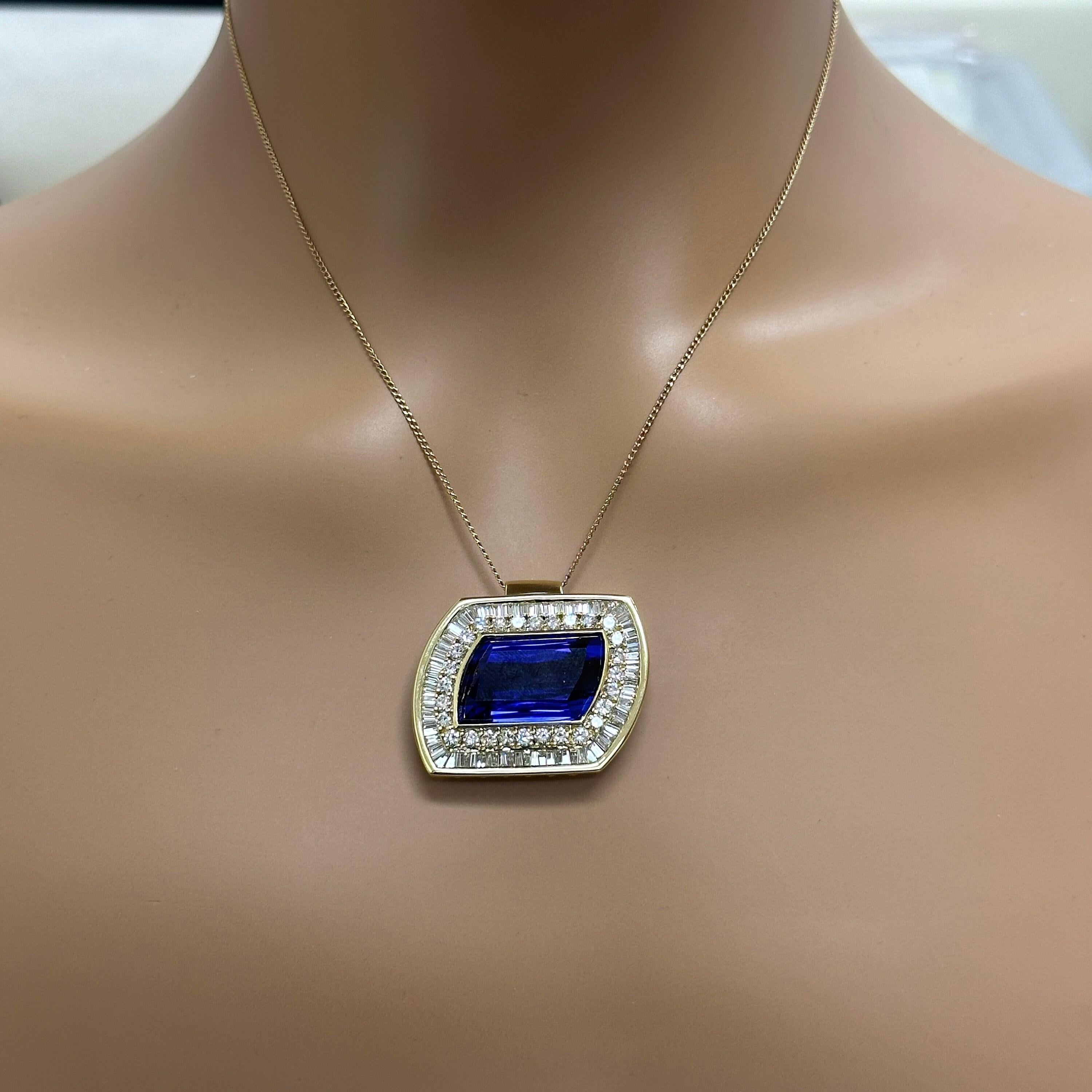 30.50 CTW GIA Rhomboid Cut Tanzanite Halo Diamond Slider Pendant 18K Gold