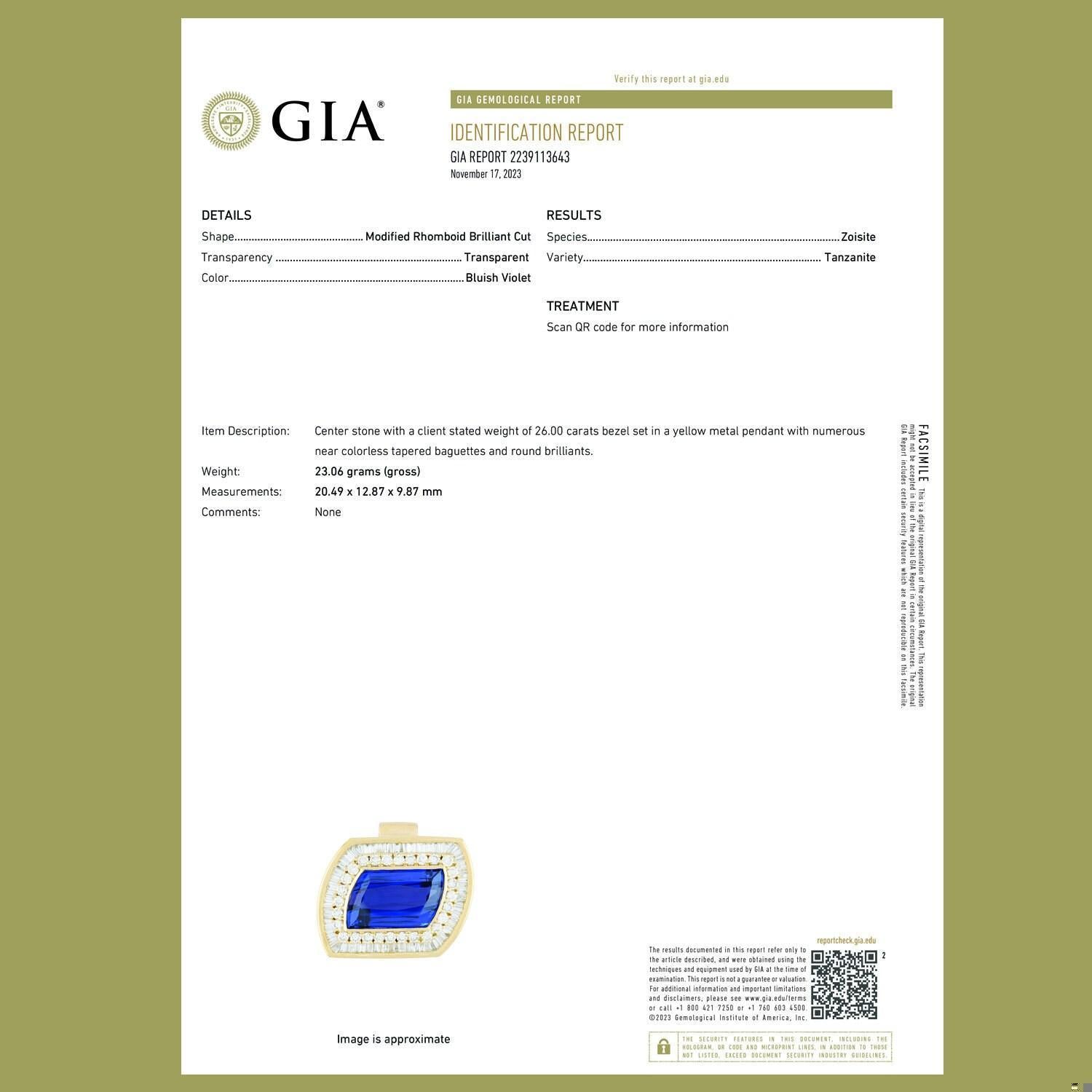 30.50 CTW GIA Rhomboid Cut Tanzanite Halo Diamond Slider Pendant 18K Gold