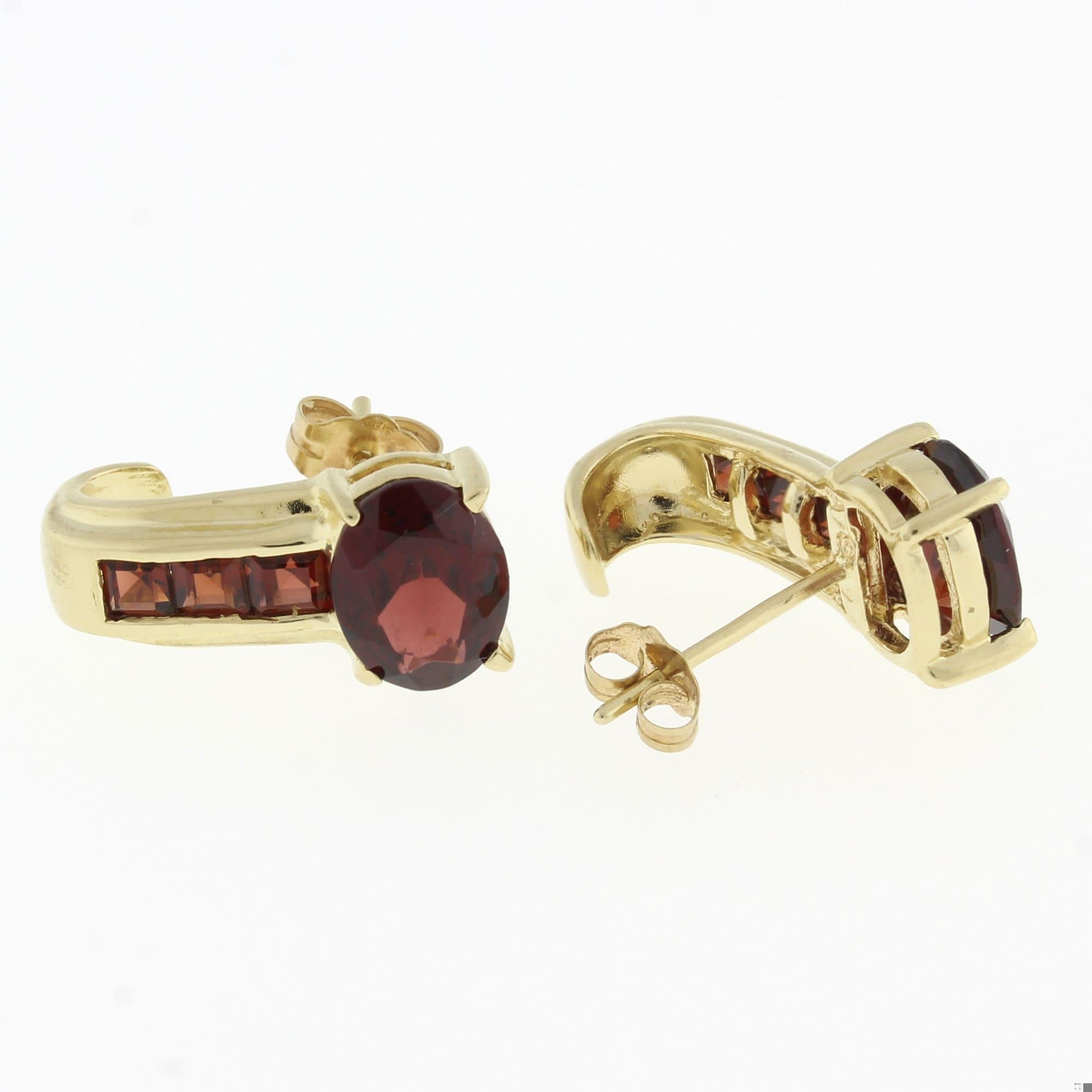 Garnet J Hoop Earrings 14K Yellow Gold 0.50" Ladies Estate