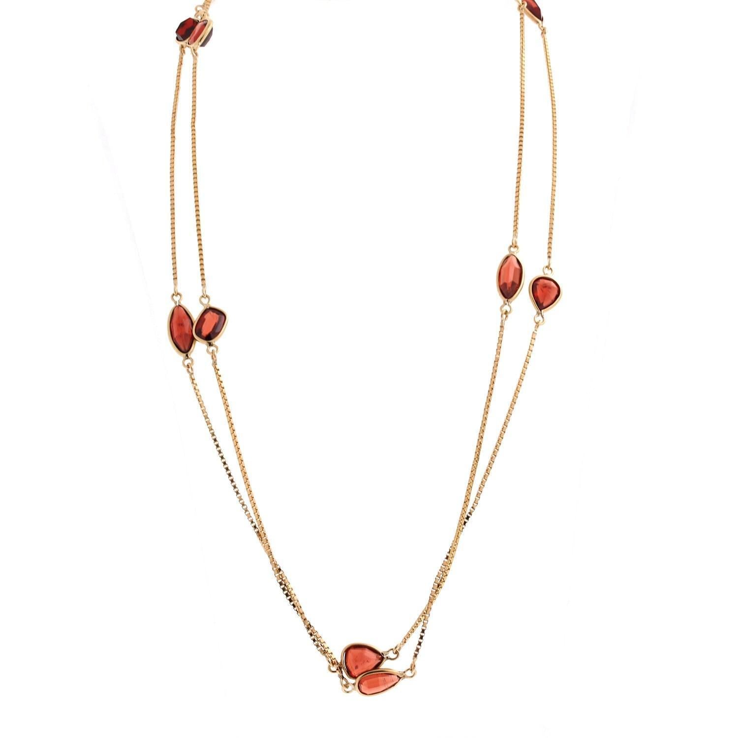 Garnet Necklace 14K Yellow Gold Box Link Chain Multi-Shaped Bezel Gems 37"