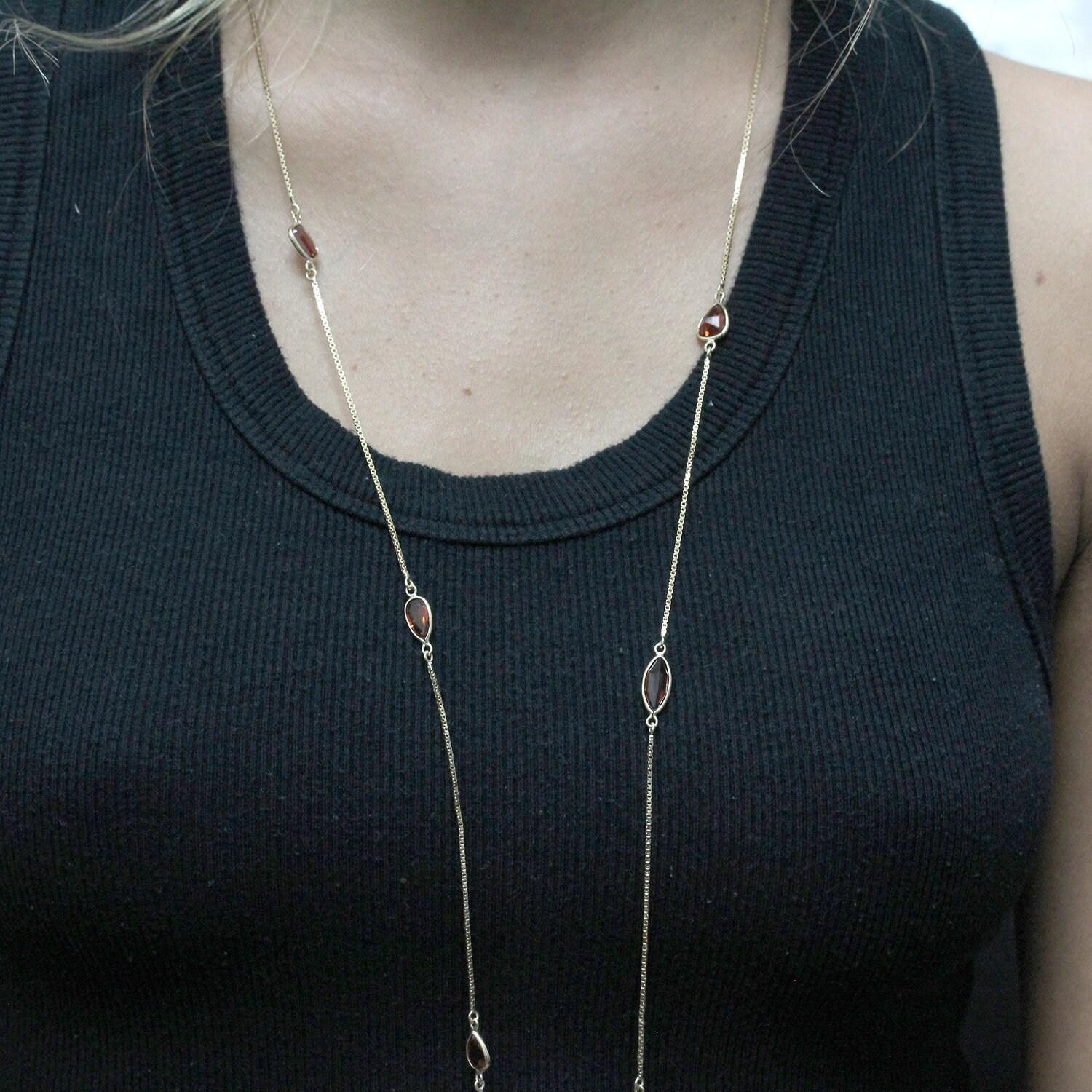 Garnet Necklace 14K Yellow Gold Box Link Chain Multi-Shaped Bezel Gems 37"