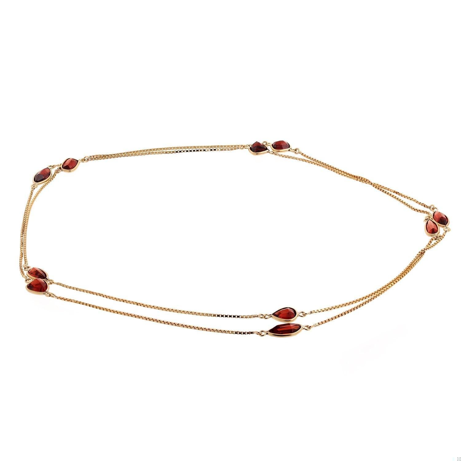 Garnet Necklace 14K Yellow Gold Box Link Chain Multi-Shaped Bezel Gems 37"