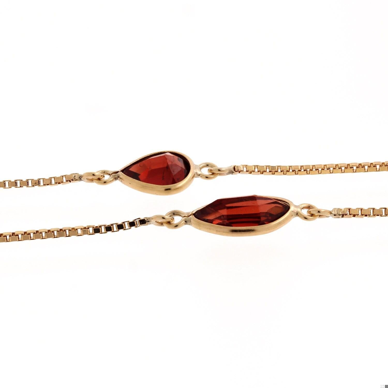 Garnet Necklace 14K Yellow Gold Box Link Chain Multi-Shaped Bezel Gems 37"