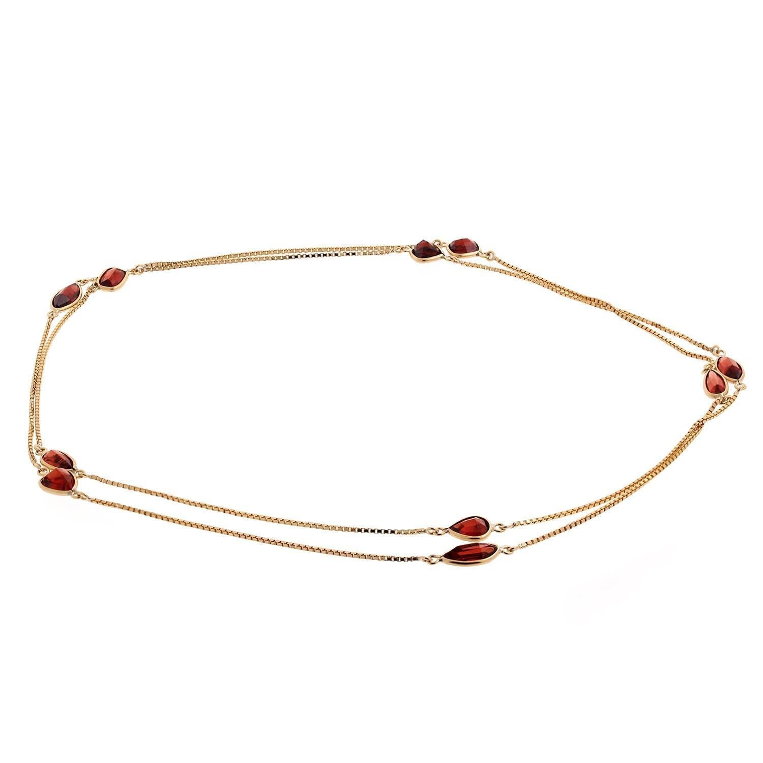 Garnet Necklace 14K Yellow Gold Box Link Chain Multi-Shaped Bezel Gems 37"