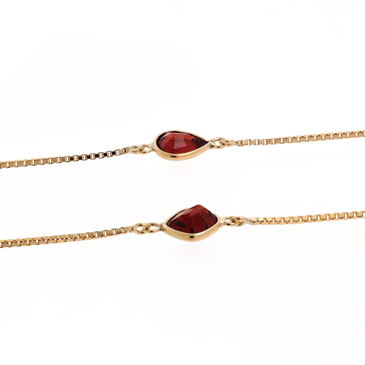 Garnet Necklace 14K Yellow Gold Box Link Chain Multi-Shaped Bezel Gems 37"