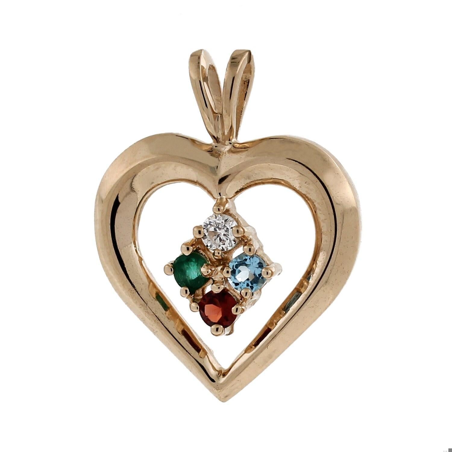 Multi Gemstone Diamond Open Heart Pendant Charm 14K Yellow Gold Vintage 1"