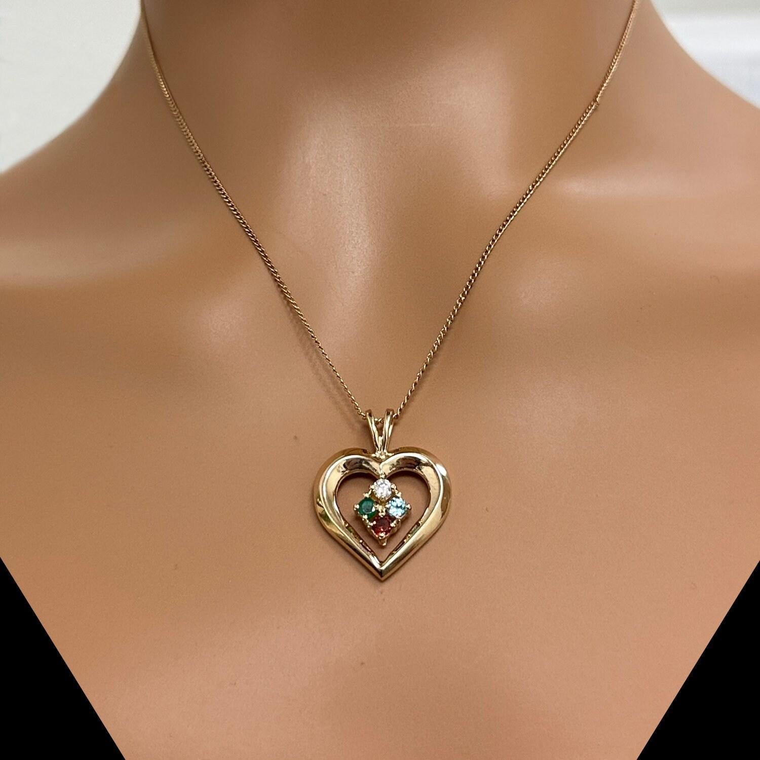 Multi Gemstone Diamond Open Heart Pendant Charm 14K Yellow Gold Vintage 1"