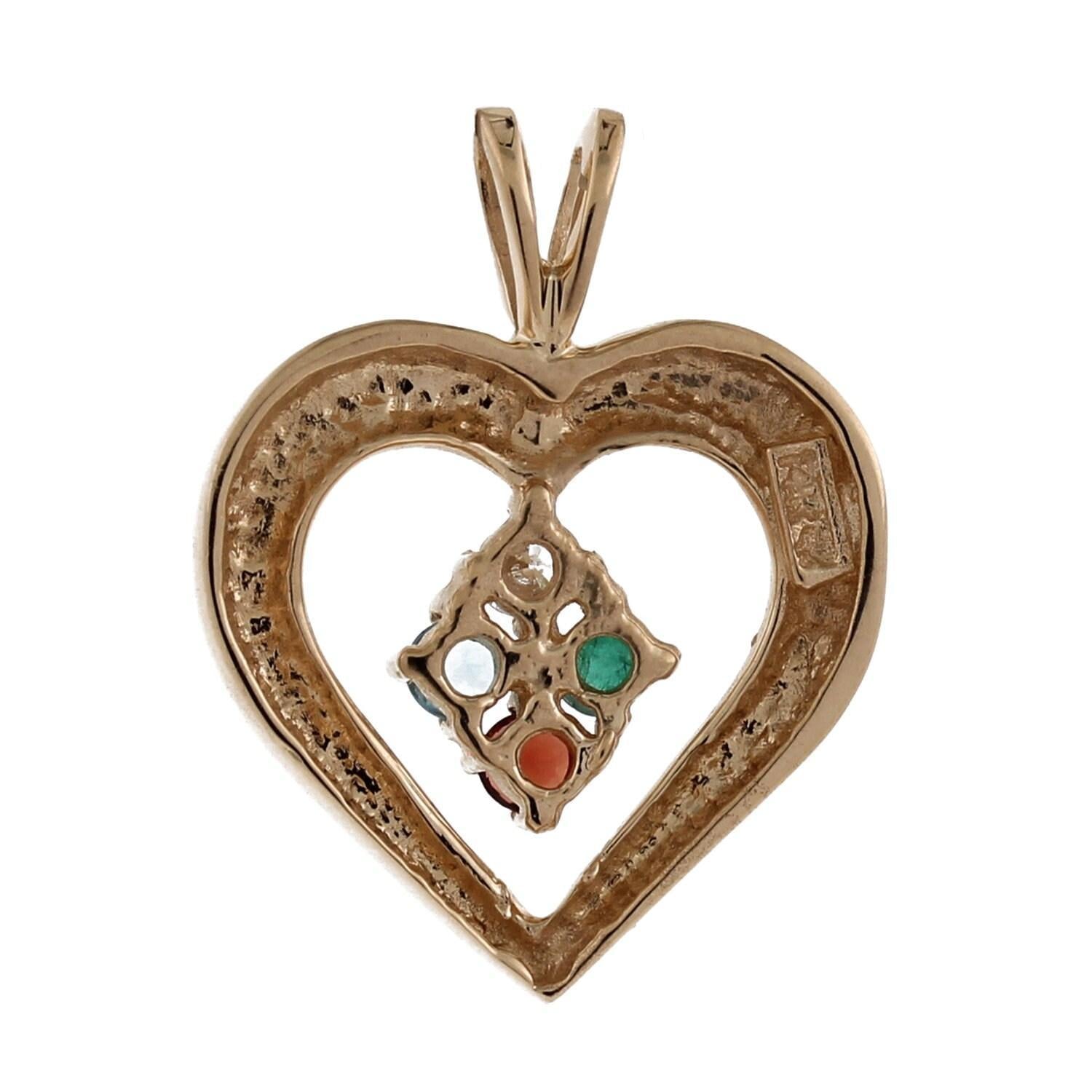 Multi Gemstone Diamond Open Heart Pendant Charm 14K Yellow Gold Vintage 1"