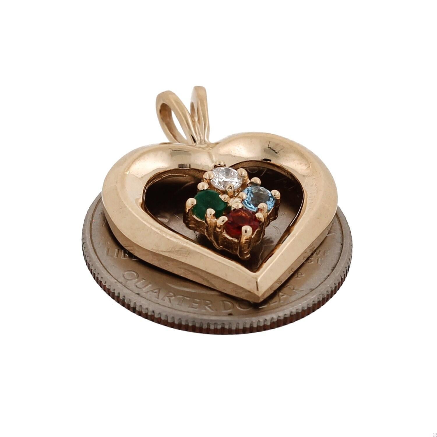 Multi Gemstone Diamond Open Heart Pendant Charm 14K Yellow Gold Vintage 1"