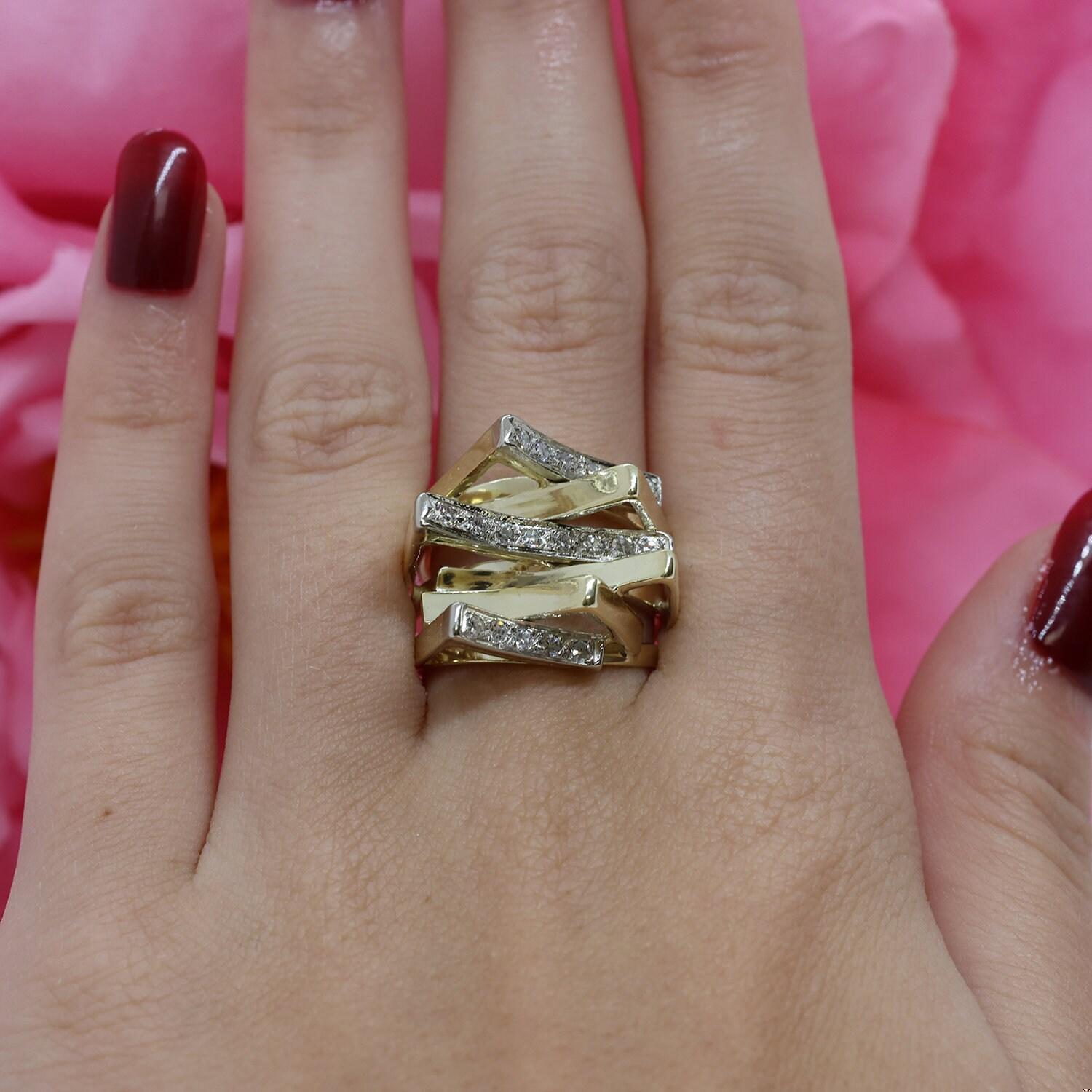 Geometric Diamond Statement Ring 2-Tone Gold 0.35 TW Size 5.5 Contemporary