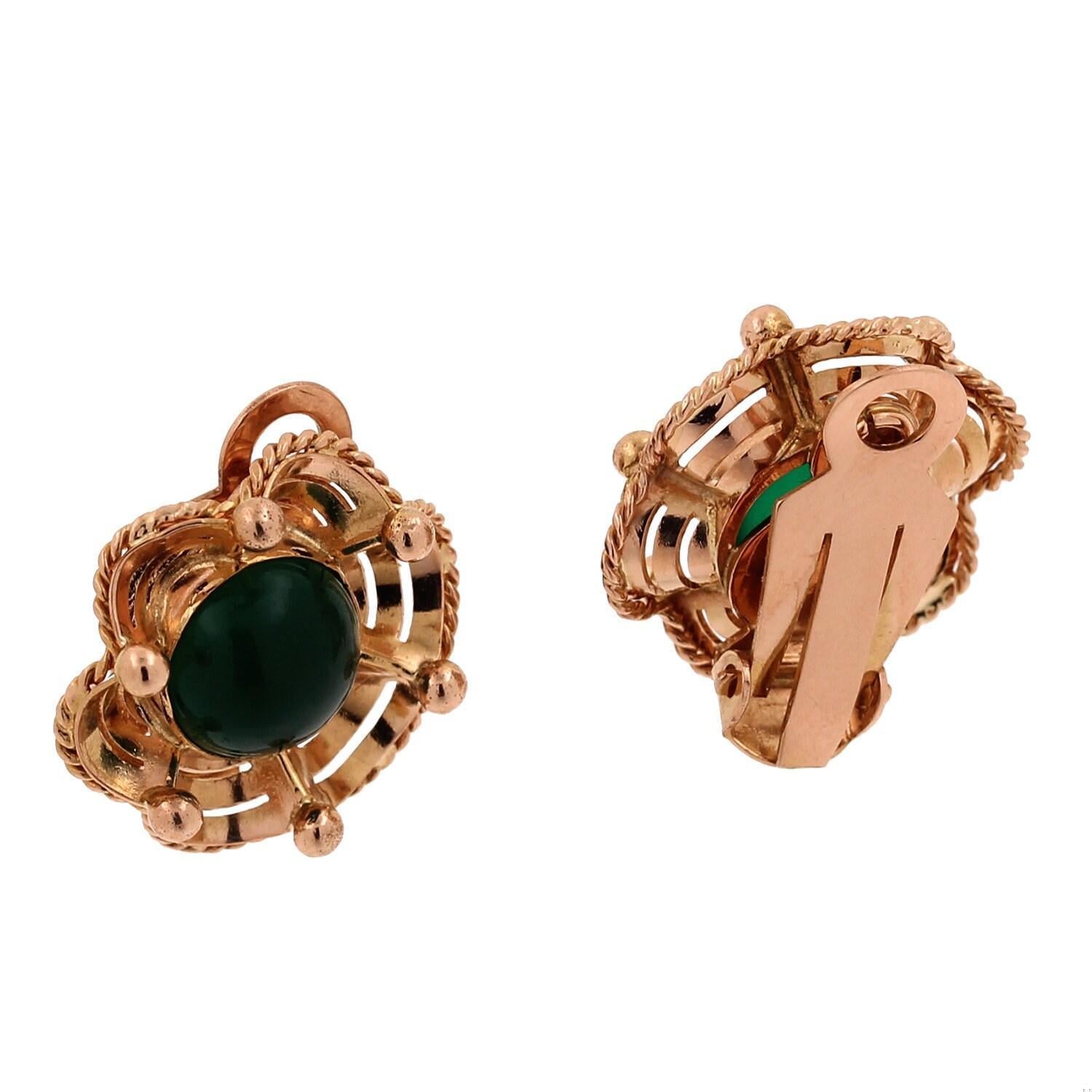 Vintage Green Onyx Cabochon Flower Clip On Earrings Yellow Gold Ladies Estate