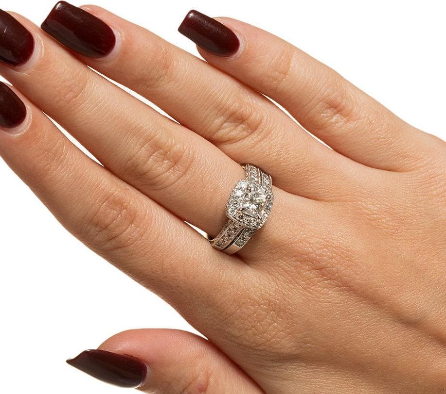 2.00 TW Halo Diamond Ring Set GSI Cert 14K White Gold Engagement Wedding SZ 6.5