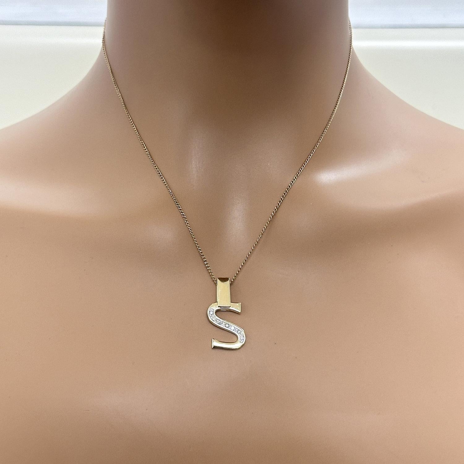 Initial Letter "S" Diamond Pendant Charm 14K Yellow Gold 0.14 CTW 0.85" Estate