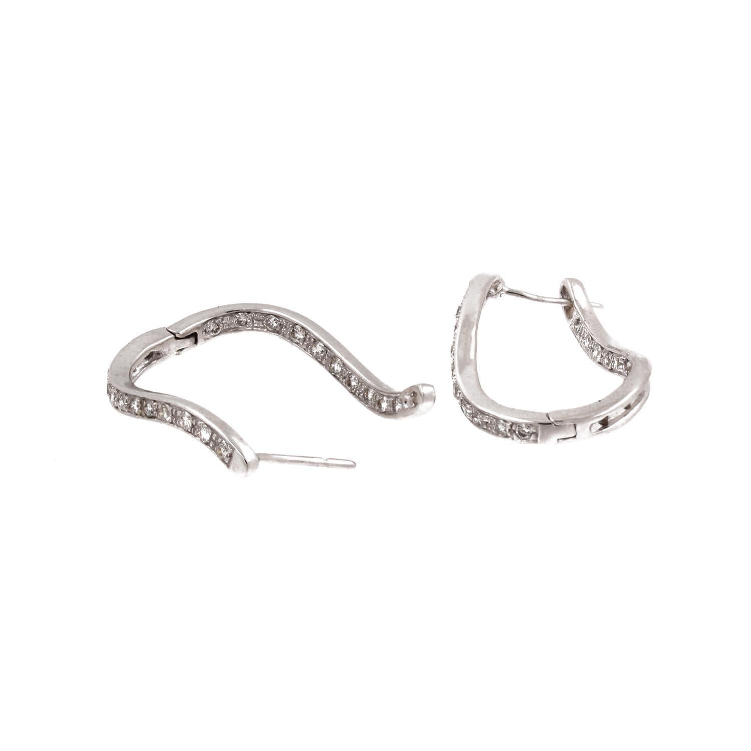 Inside Out Diamond Oval Hoop Earrings 14K White Gold 0.70 TW Curved Swirl 1.10"