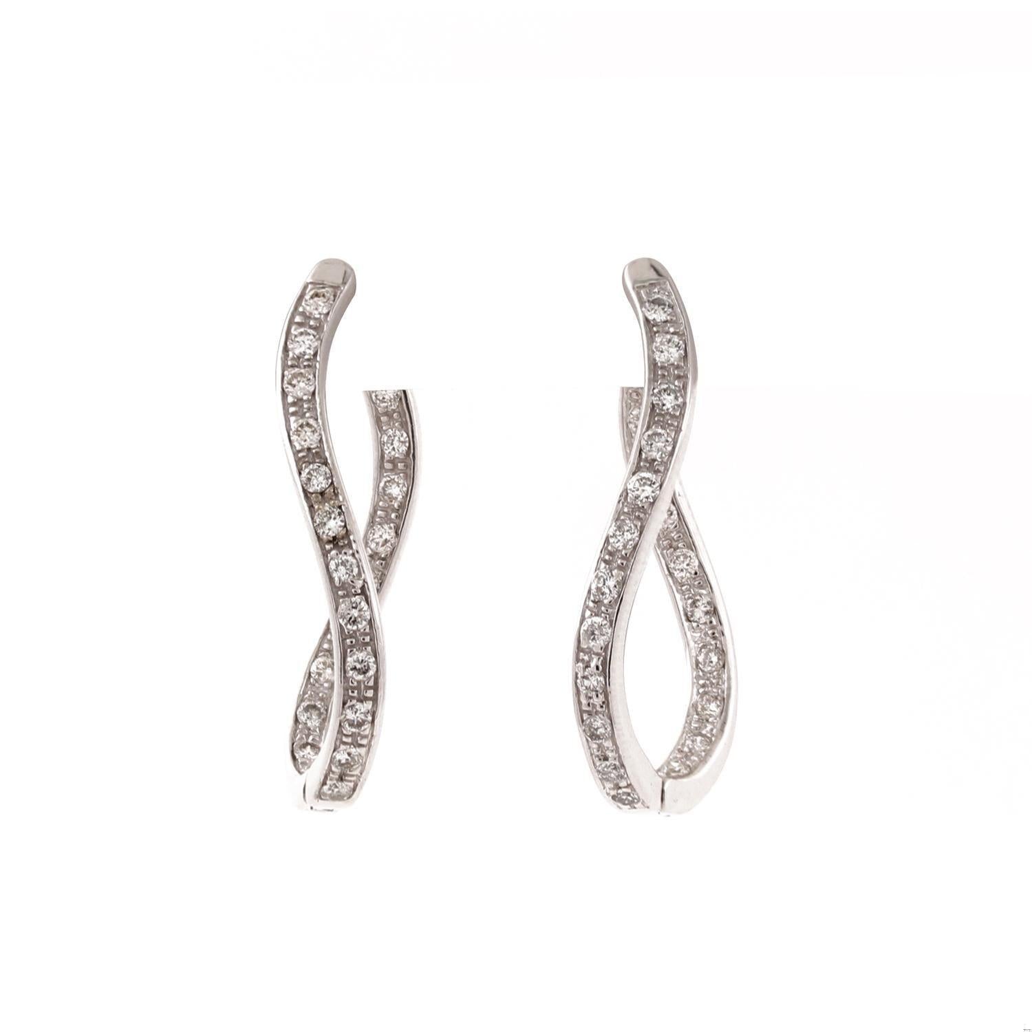 Inside Out Diamond Oval Hoop Earrings 14K White Gold 0.70 TW Curved Swirl 1.10"