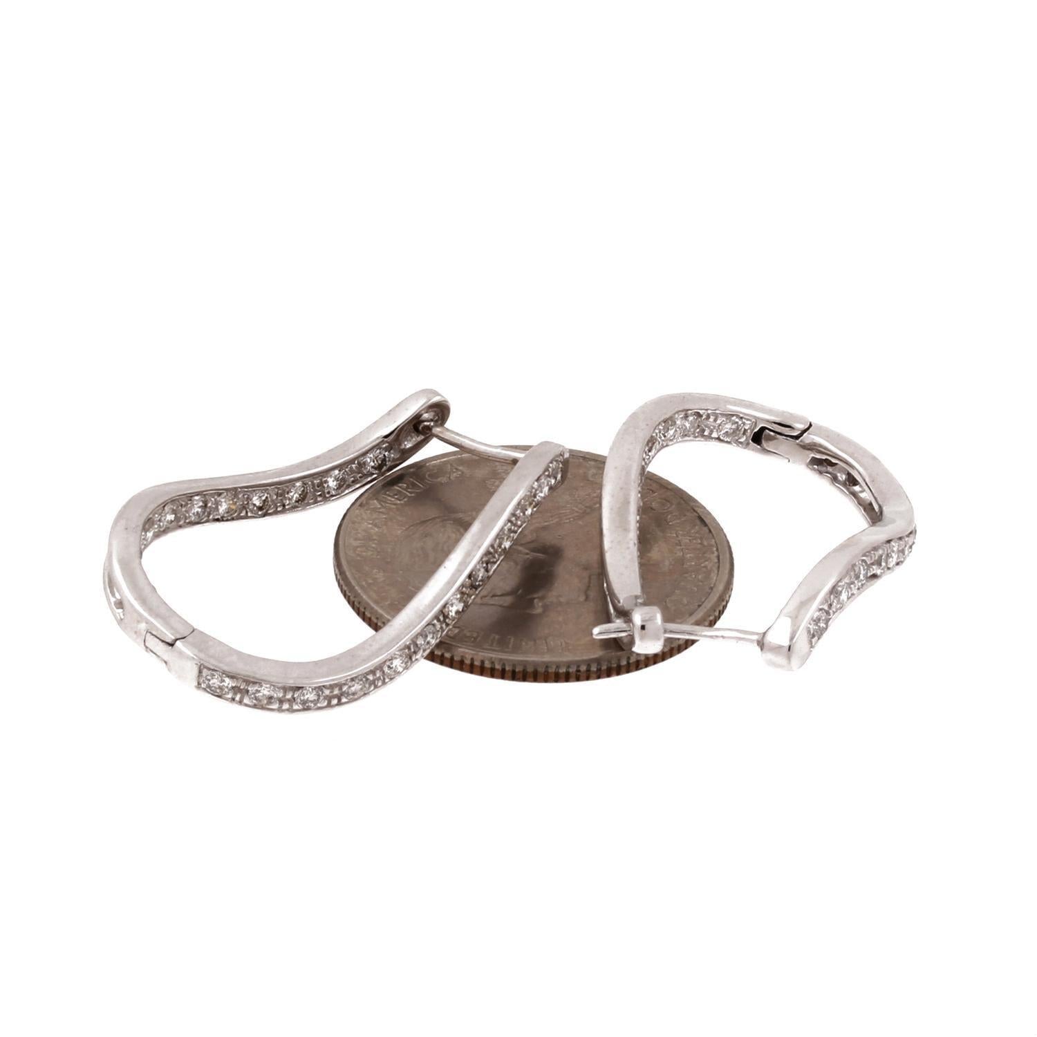 Inside Out Diamond Oval Hoop Earrings 14K White Gold 0.70 TW Curved Swirl 1.10"