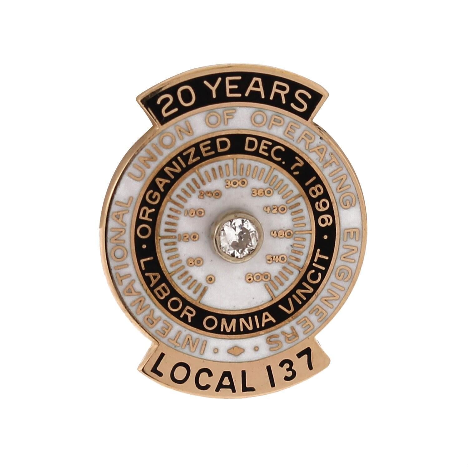 International Union Engineers 20 Years Service Pin 14K Y/Gold 0.08 CT Diamond