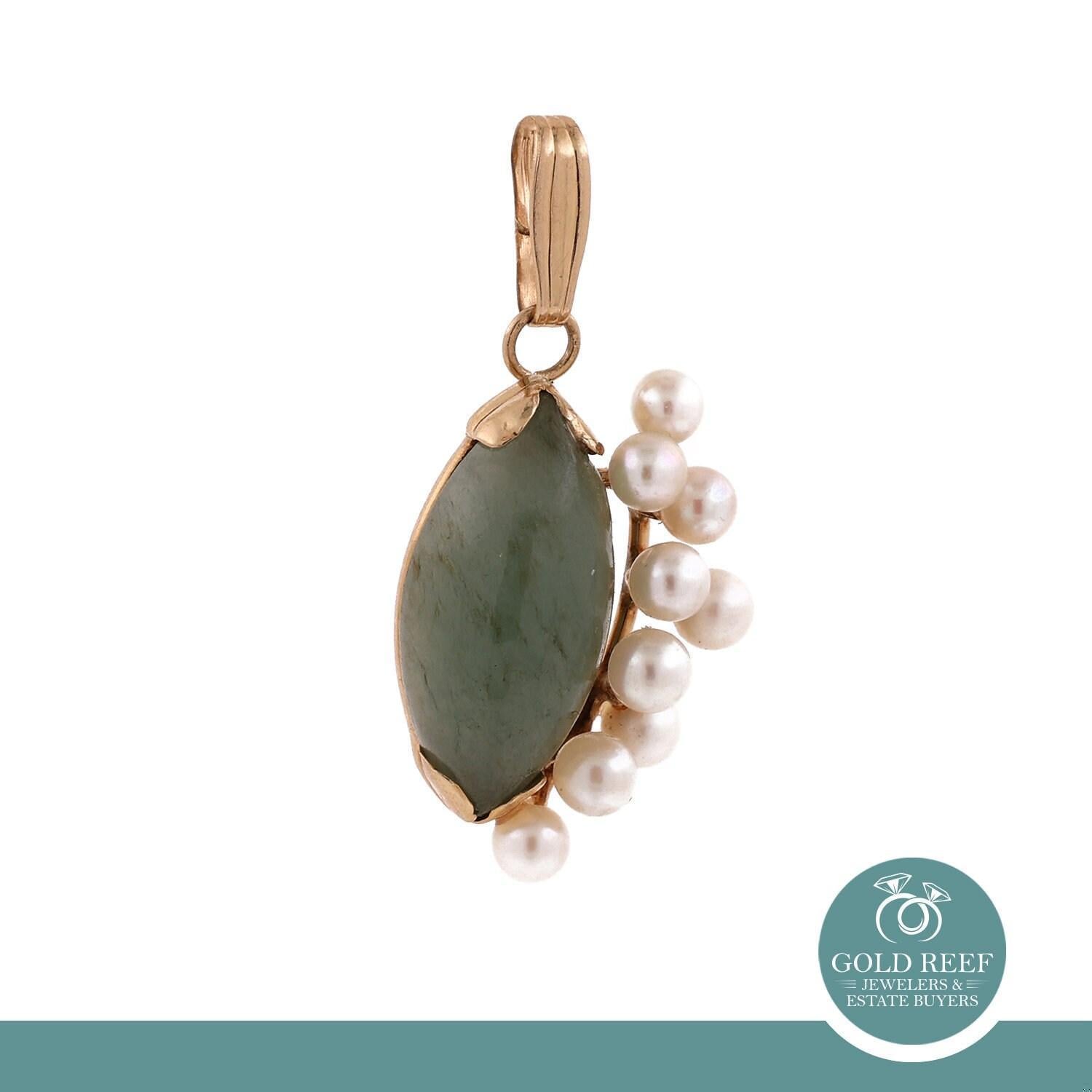 Jade Freshwater Pearl Pendant Yellow Gold Marquise Gem 1.25" Vintage Estate