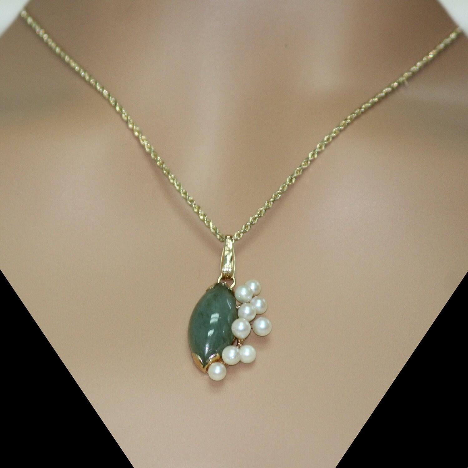 Jade Freshwater Pearl Pendant Yellow Gold Marquise Gem 1.25" Vintage Estate