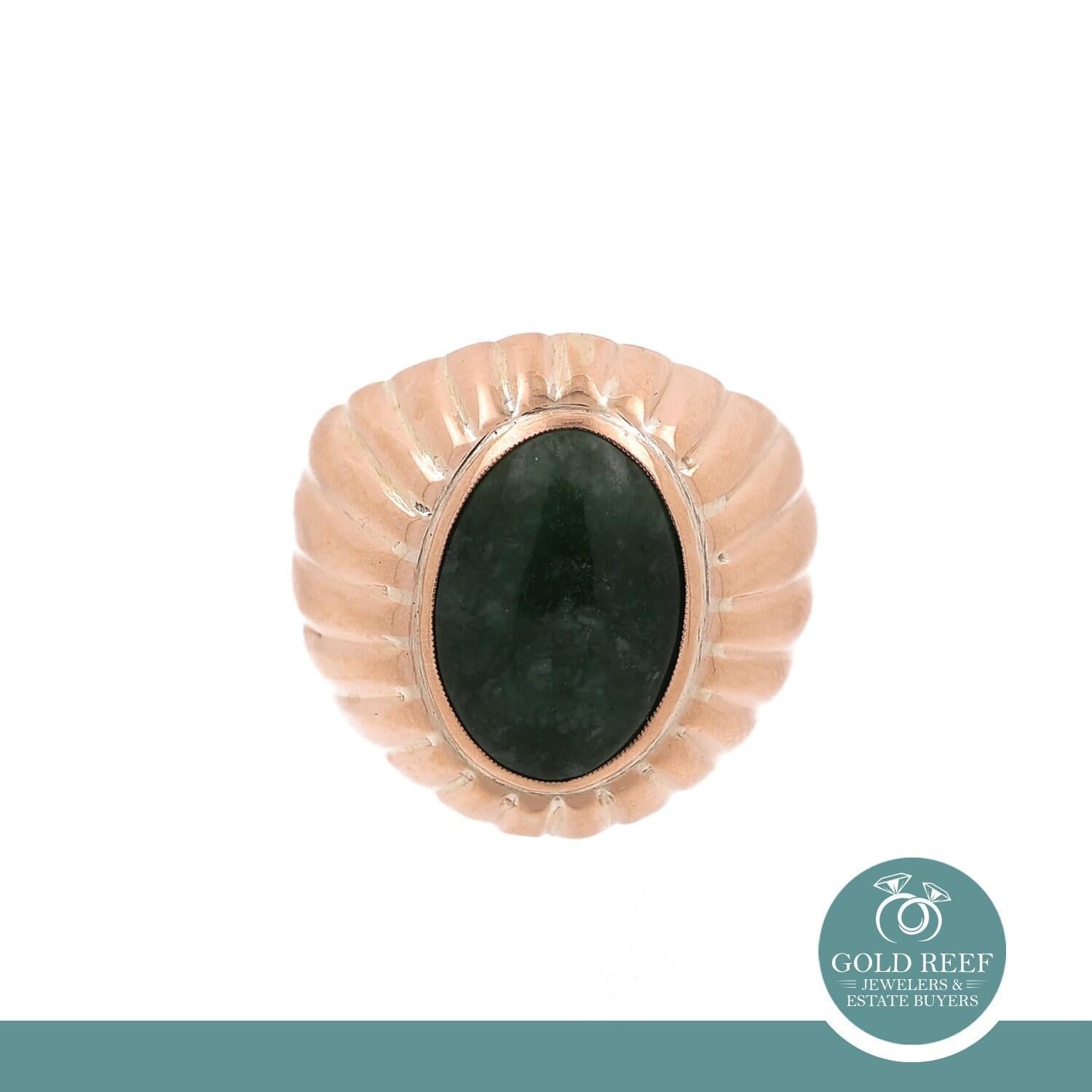 Jade Oval Gemstone Statement Ring 10K Yellow Gold Ridged Size 6.75 Unisex Estate