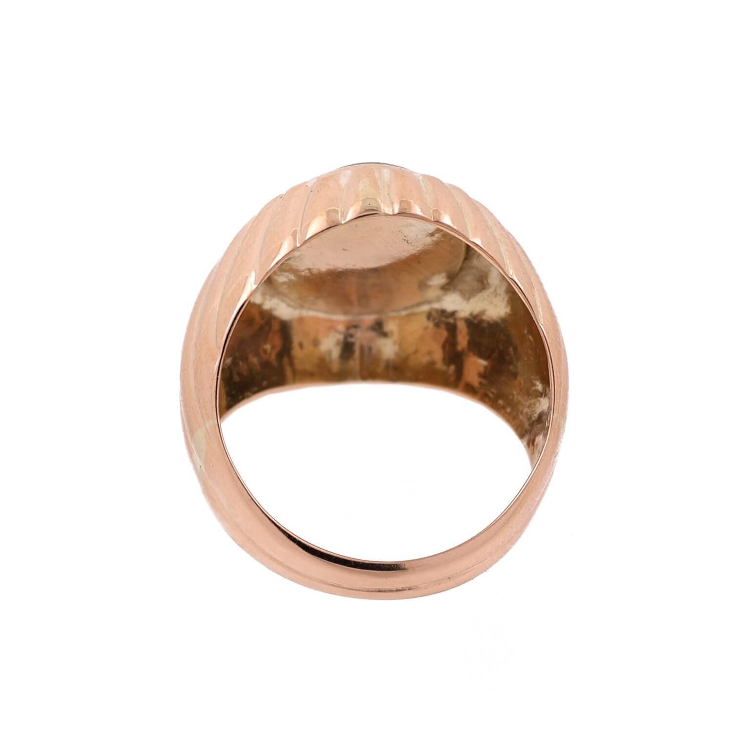 Jade Oval Gemstone Statement Ring 10K Yellow Gold Ridged Size 6.75 Unisex Estate