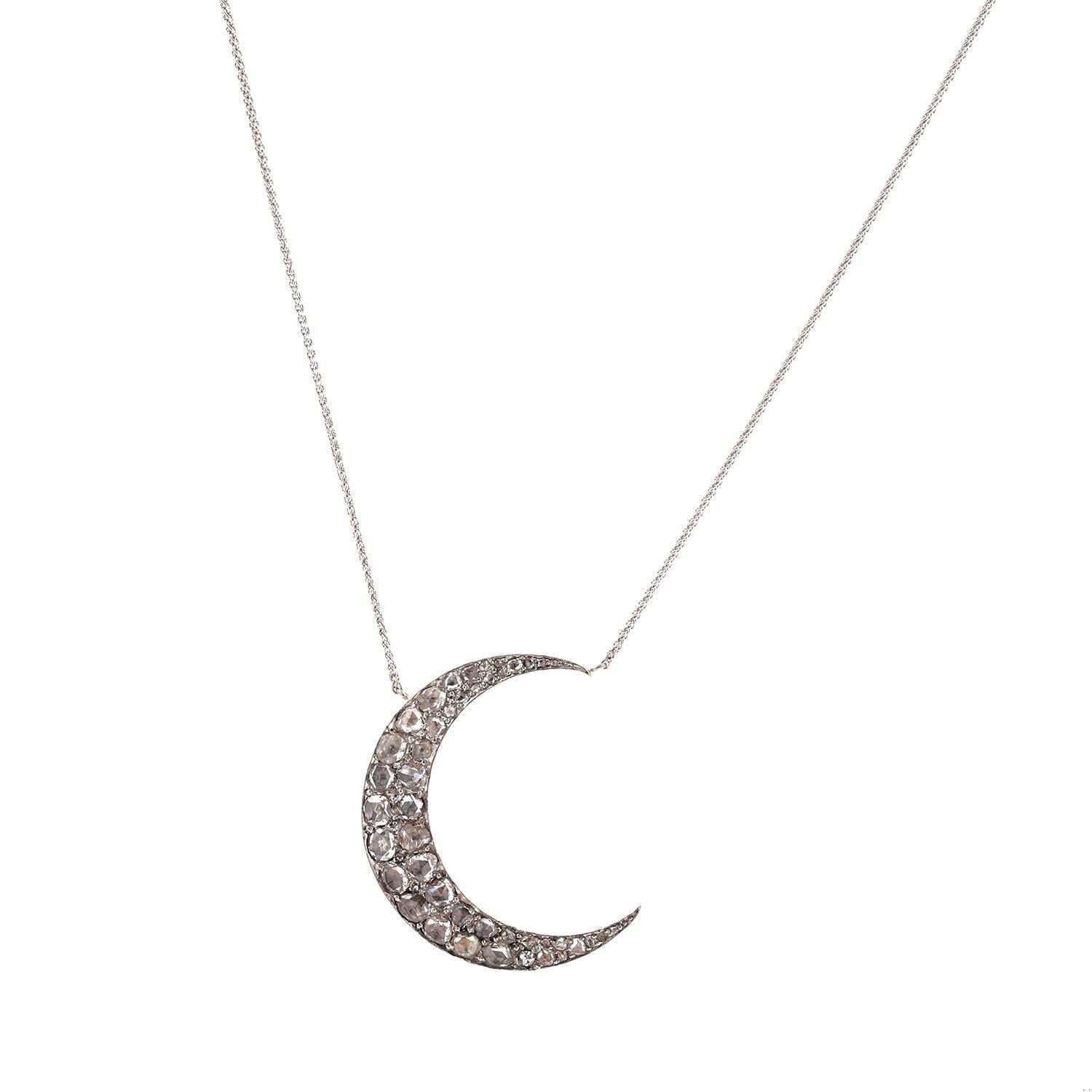 Jaques & Marcus Antique Diamond Crescent Moon Pendant Plat 18K Y/Gold 17" Chain