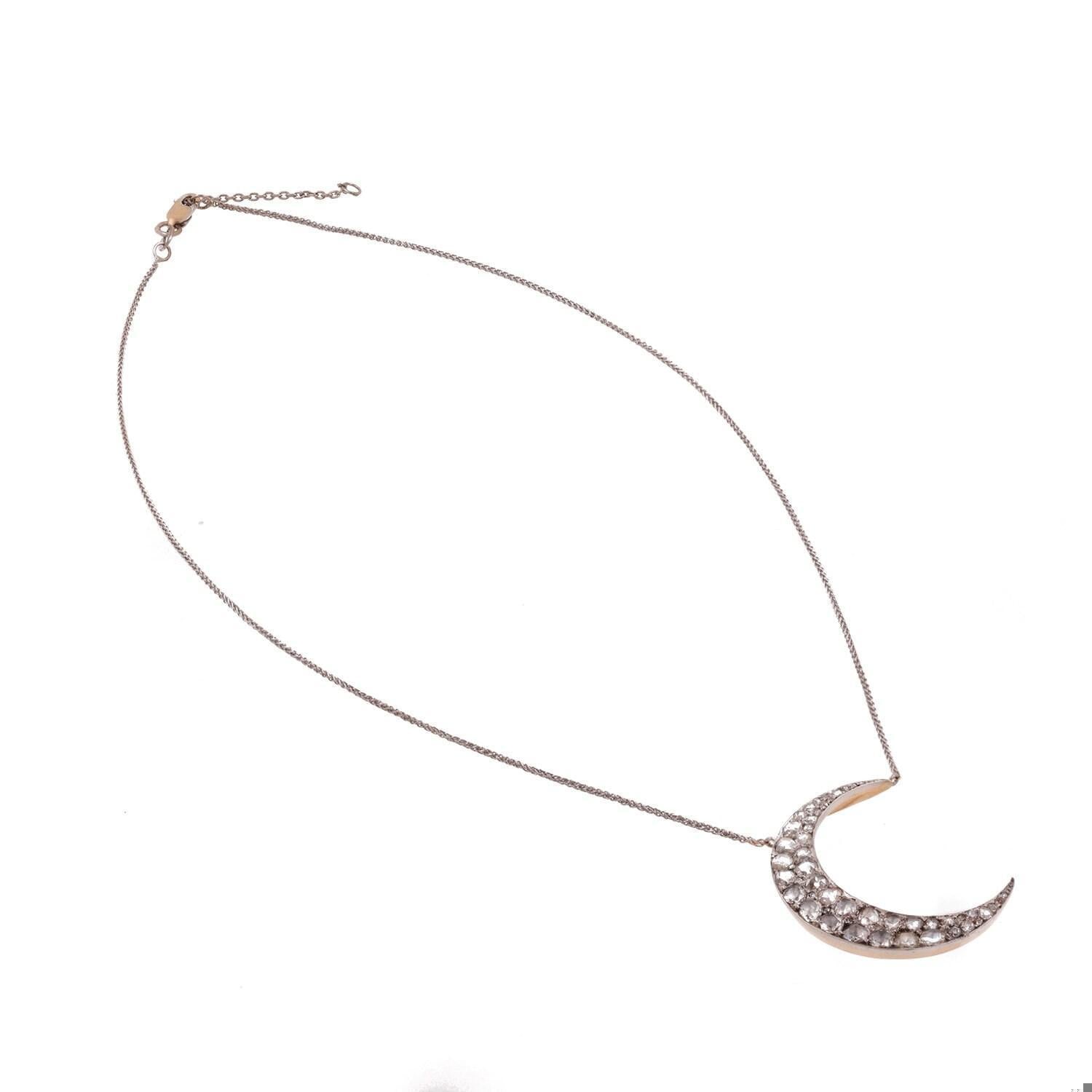 Jaques & Marcus Antique Diamond Crescent Moon Pendant Plat 18K Y/Gold 17" Chain