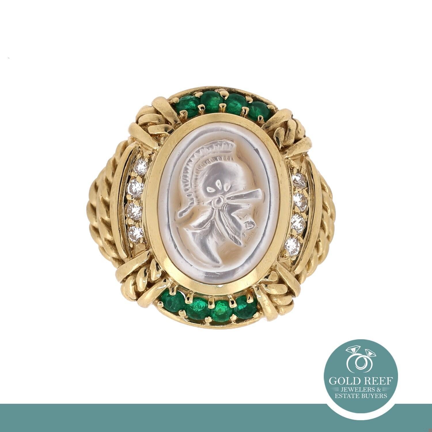 Judith Ripka Intaglio Ring Mother Of Pearl Diamond Emerald 18K Gold SZ 5.75