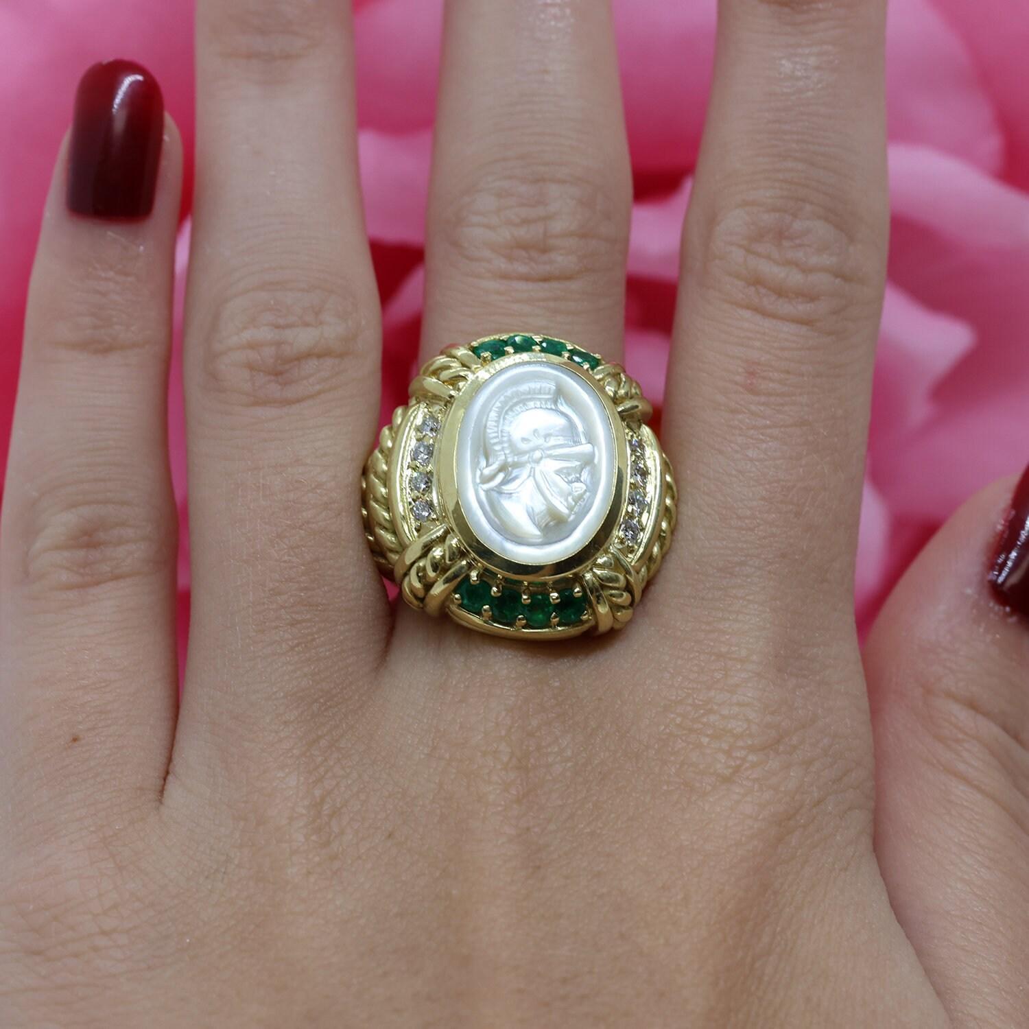 Judith Ripka Intaglio Ring Mother Of Pearl Diamond Emerald 18K Gold SZ 5.75