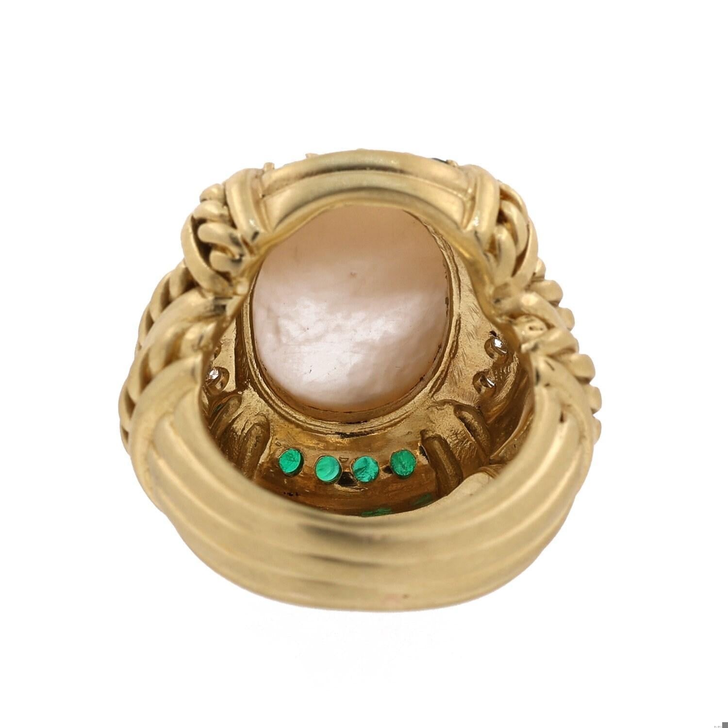 Judith Ripka Intaglio Ring Mother Of Pearl Diamond Emerald 18K Gold SZ 5.75