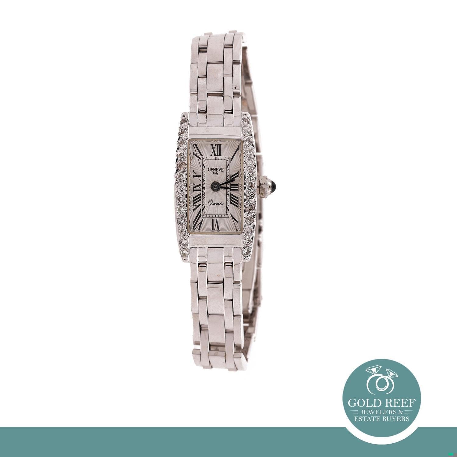 Ladies Geneve Italian Diamond Watch 14K White Gold Roman Numerals Size 5.75"