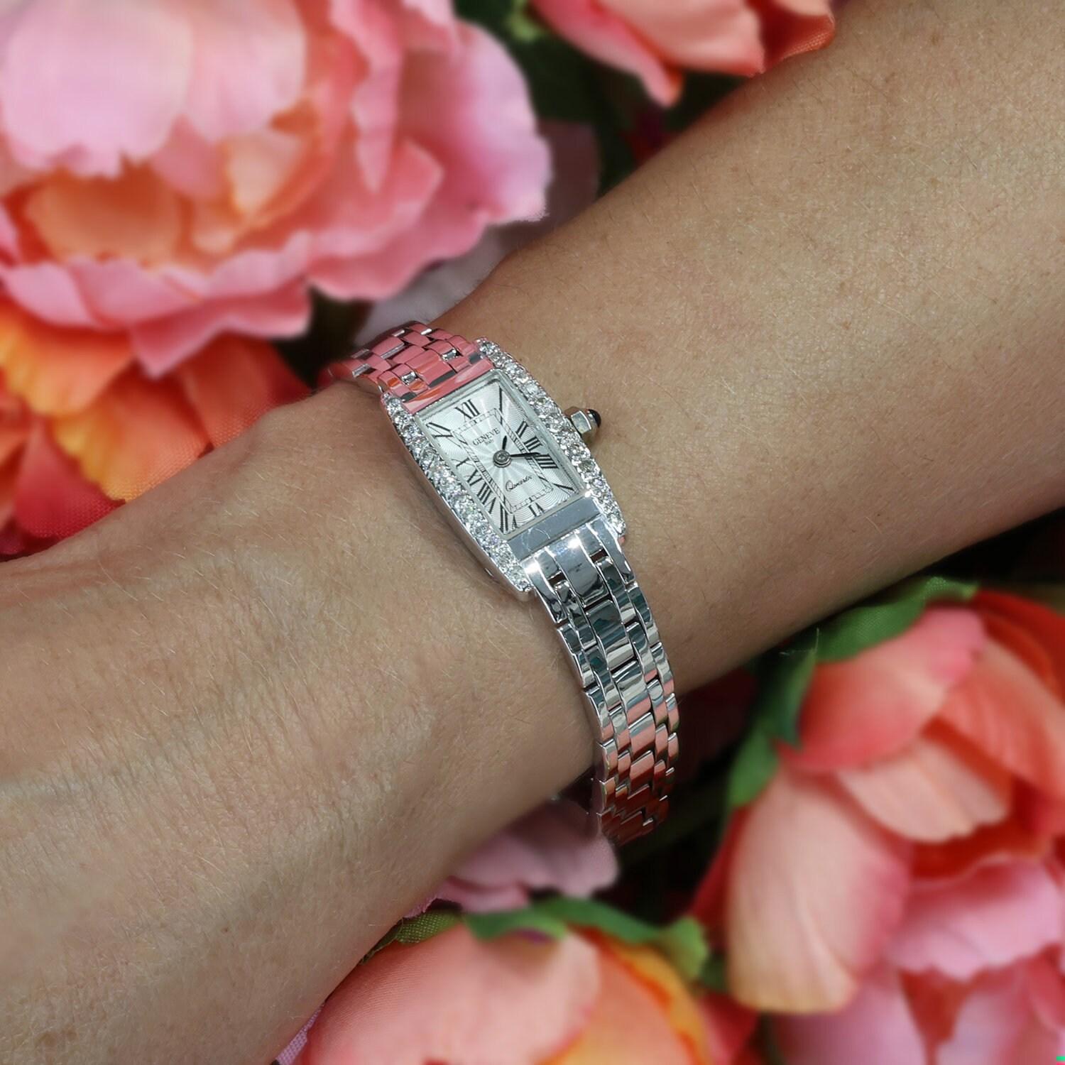 Ladies Geneve Italian Diamond Watch 14K White Gold Roman Numerals Size 5.75"