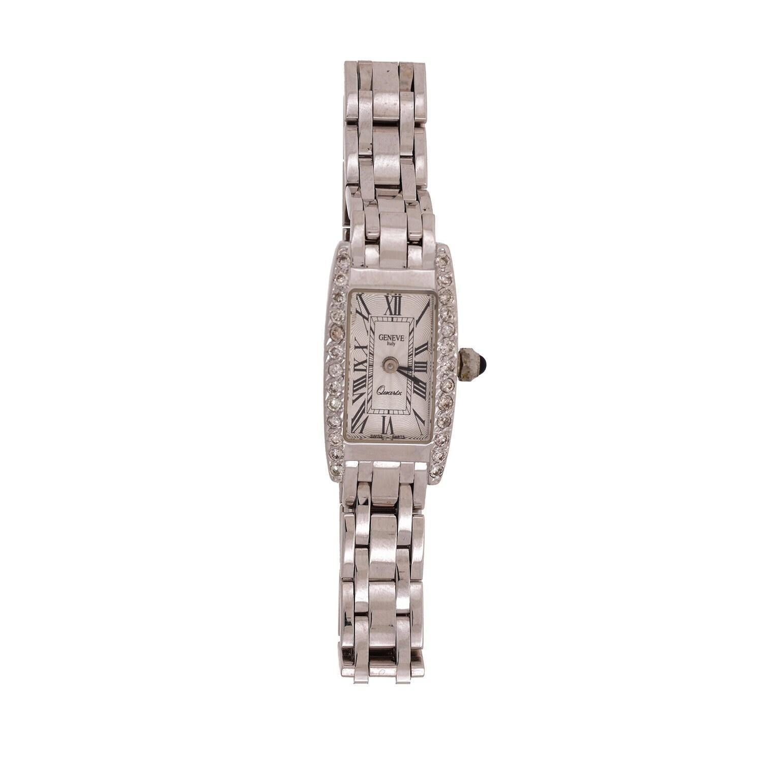 Ladies Geneve Italian Diamond Watch 14K White Gold Roman Numerals Size 5.75"