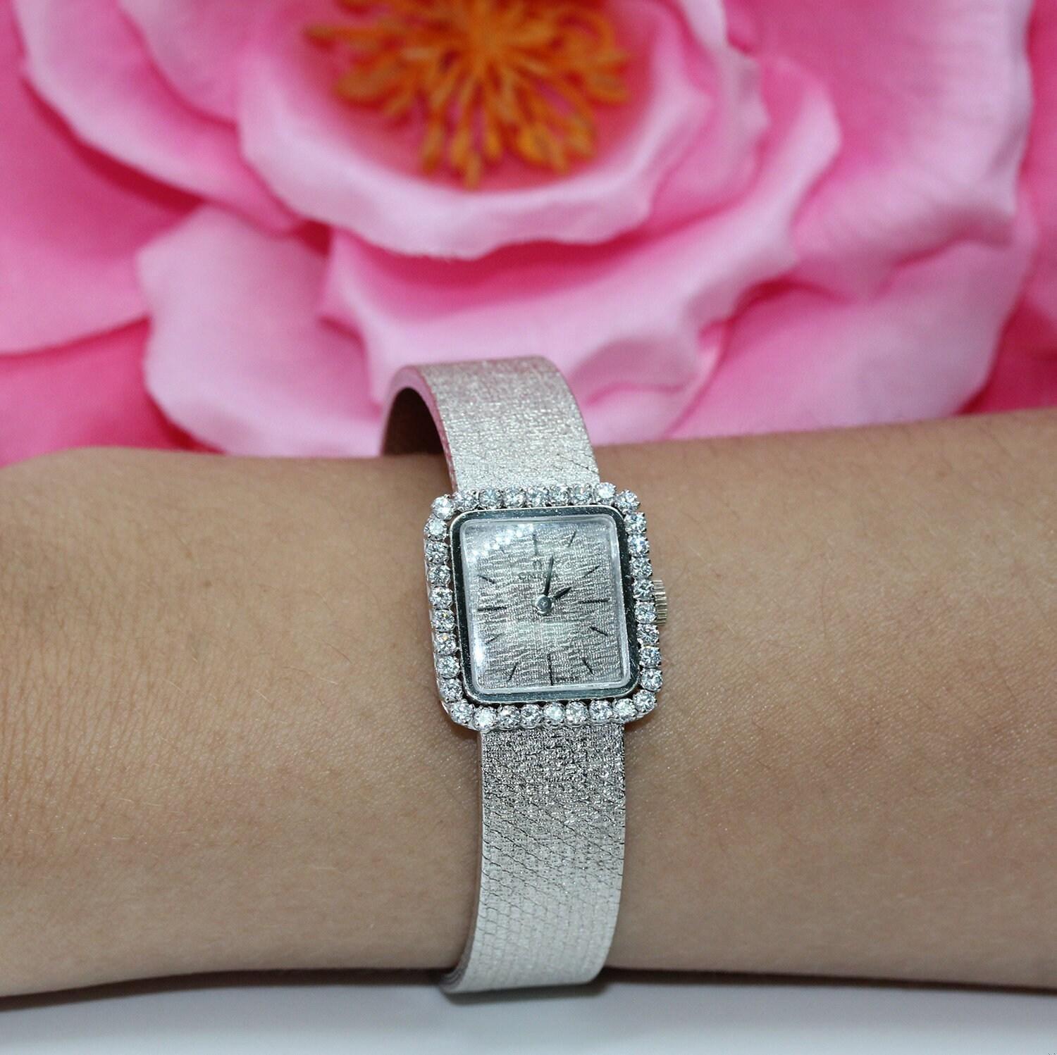 Ladies Omega Diamond Watch 18K Bark Brushed White Gold 1.15 CTW Mechanical 7"