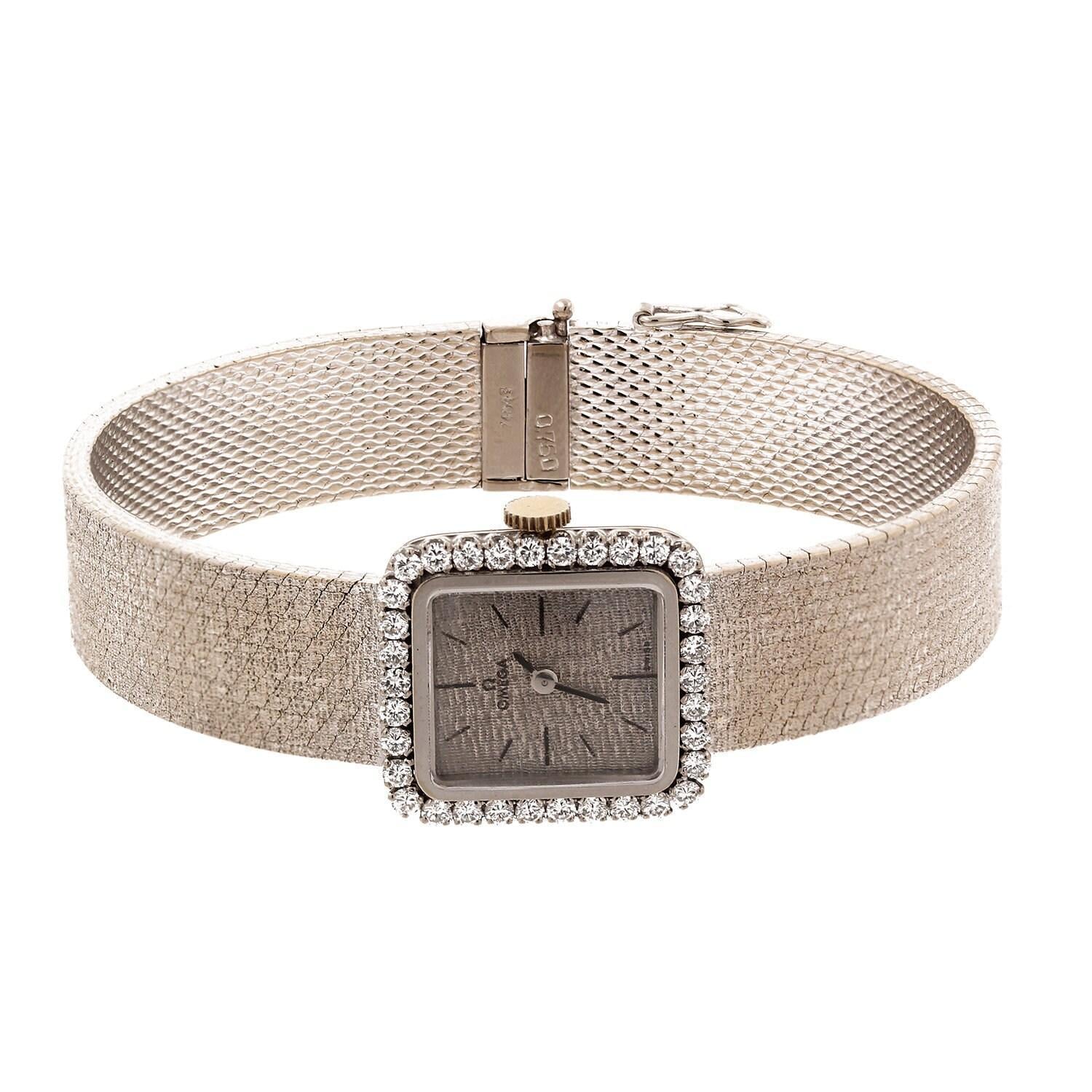 Ladies Omega Diamond Watch 18K Bark Brushed White Gold 1.15 CTW Mechanical 7"