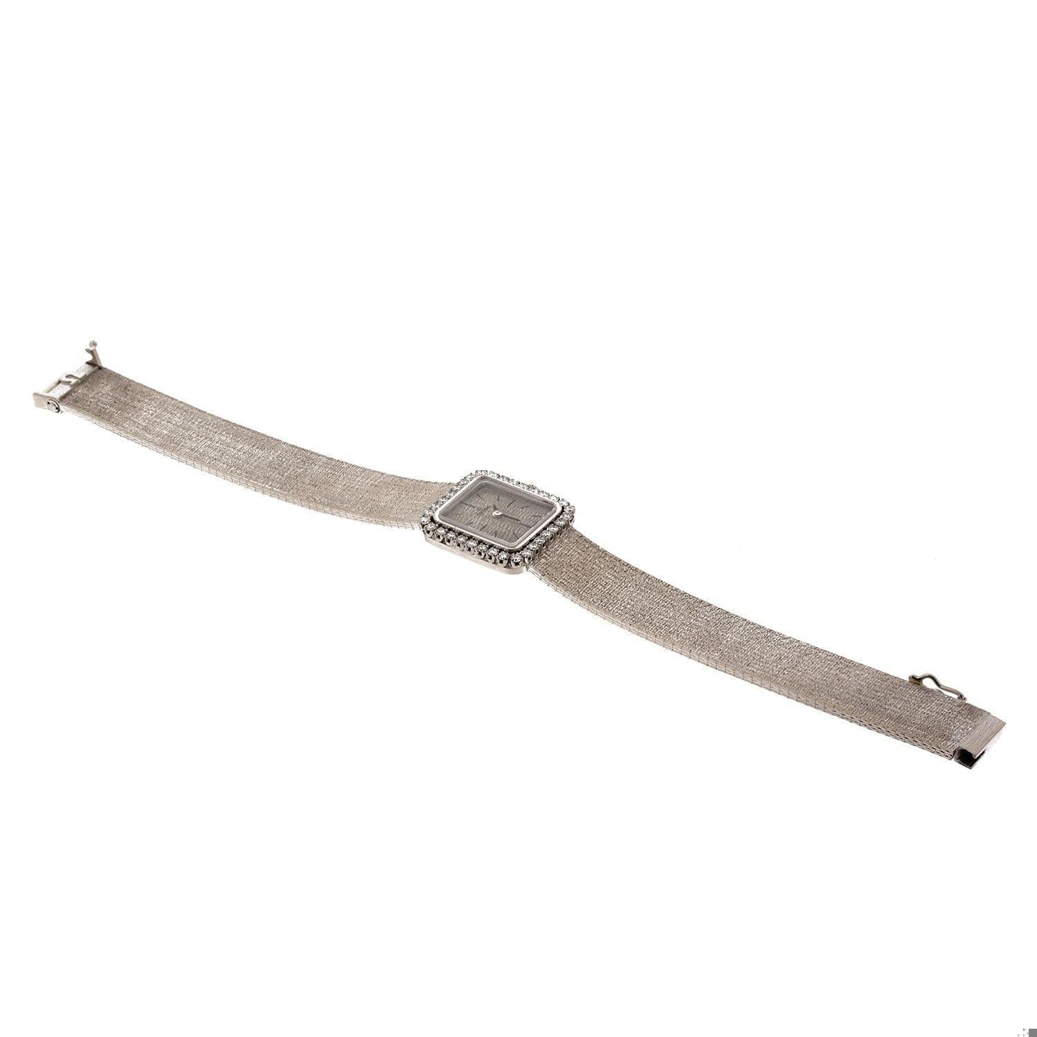 Ladies Omega Diamond Watch 18K Bark Brushed White Gold 1.15 CTW Mechanical 7"