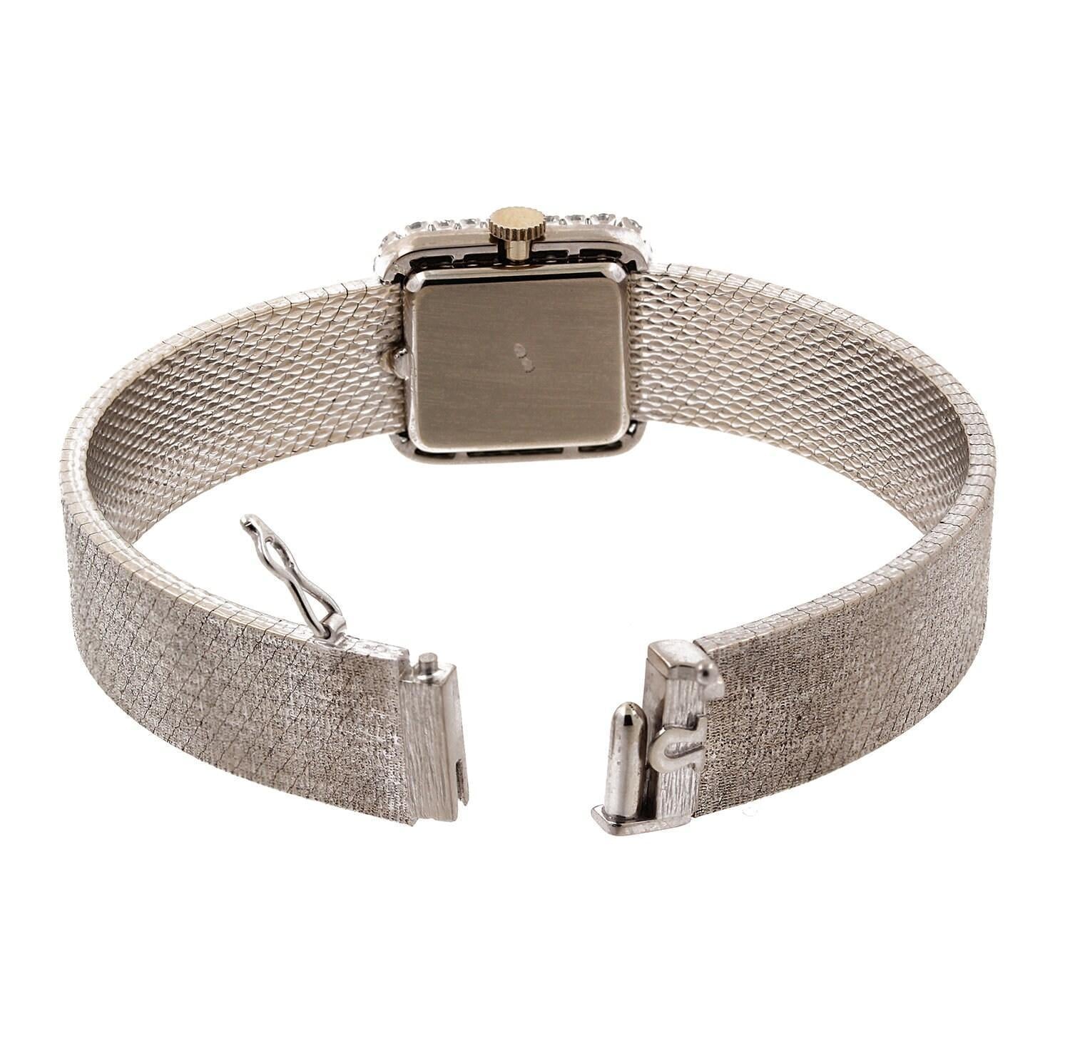 Ladies Omega Diamond Watch 18K Bark Brushed White Gold 1.15 CTW Mechanical 7"