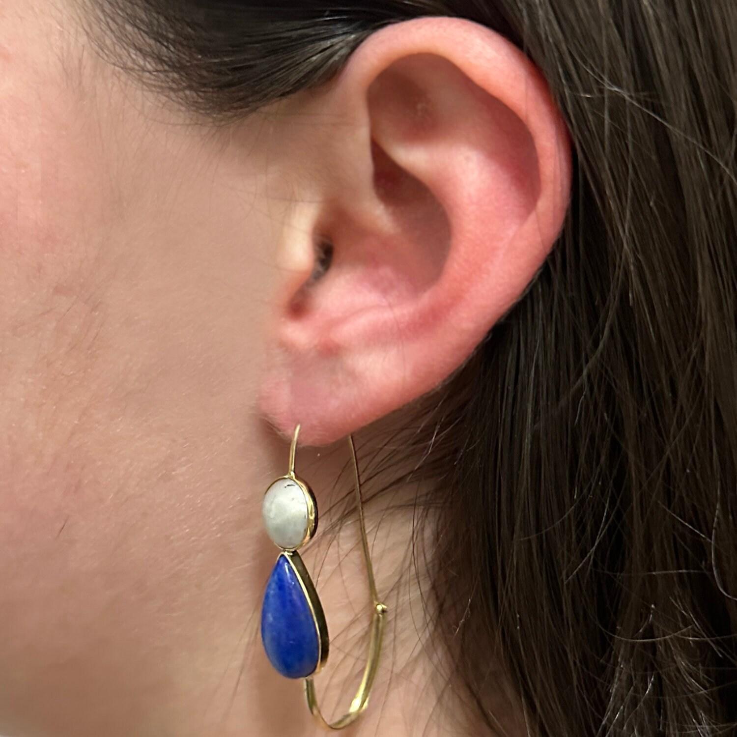 Lapis Lazuli Pearl Oval Hoop Earrings Yellow Gold 1.80" Ladies Estate