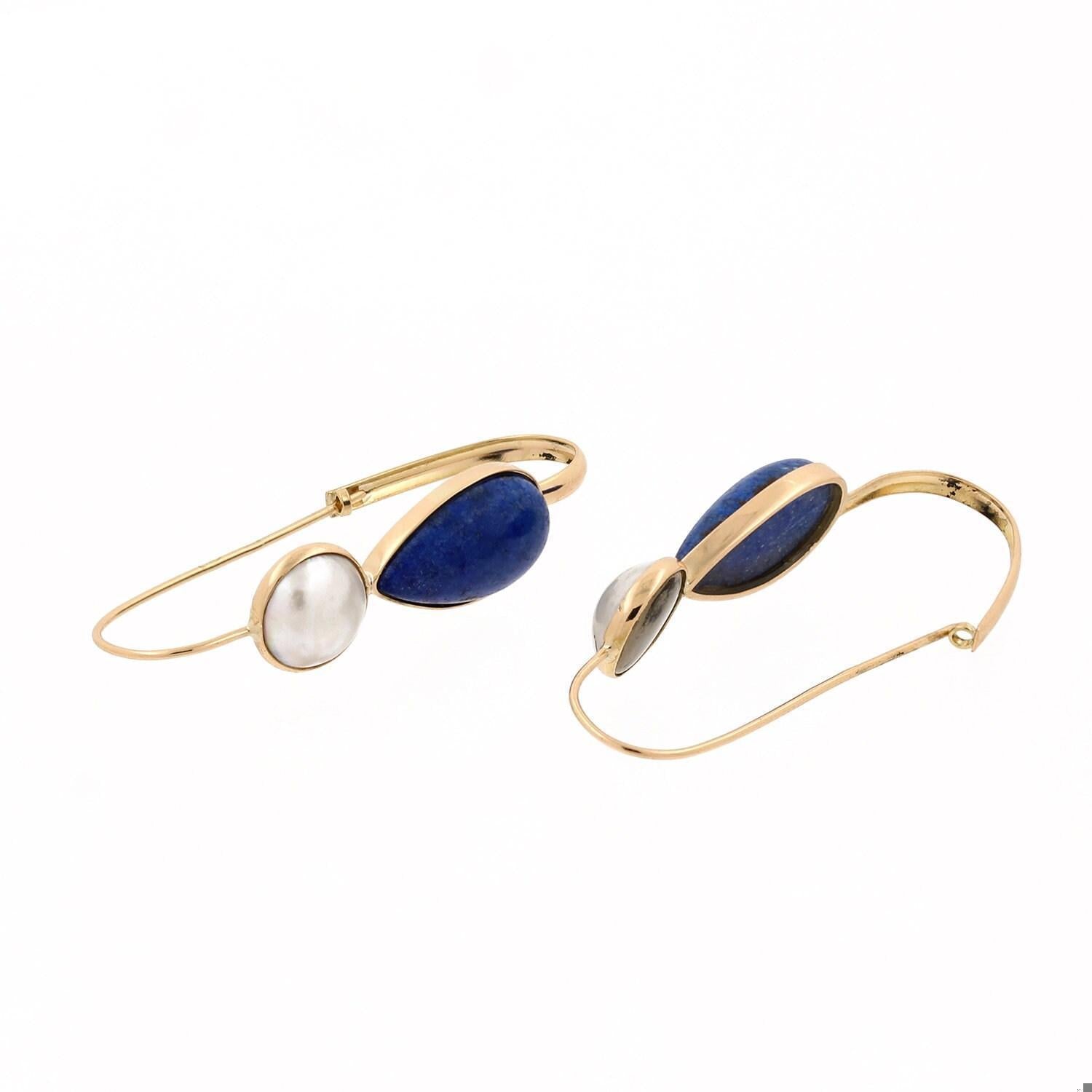 Lapis Lazuli Pearl Oval Hoop Earrings Yellow Gold 1.80" Ladies Estate