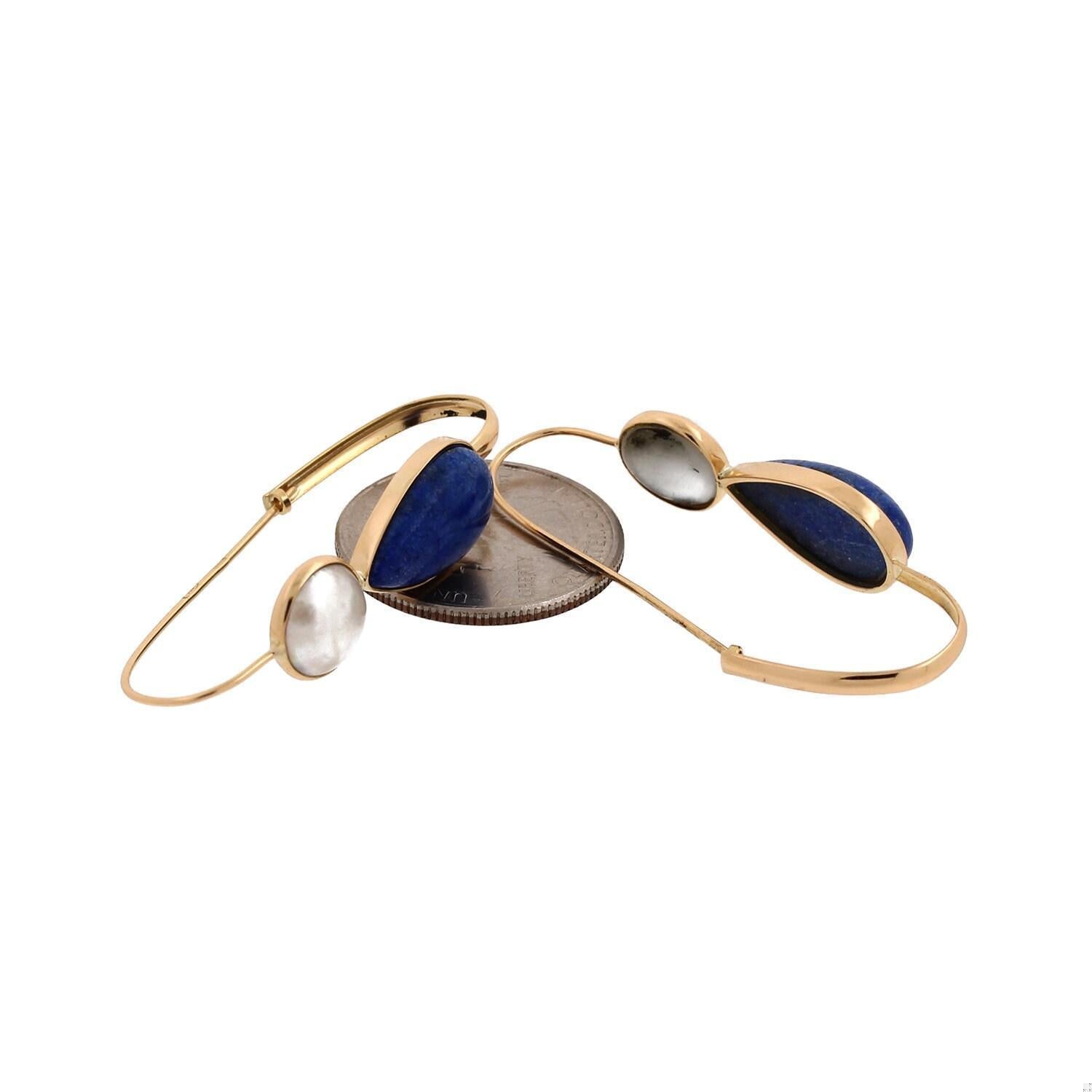 Lapis Lazuli Pearl Oval Hoop Earrings Yellow Gold 1.80" Ladies Estate
