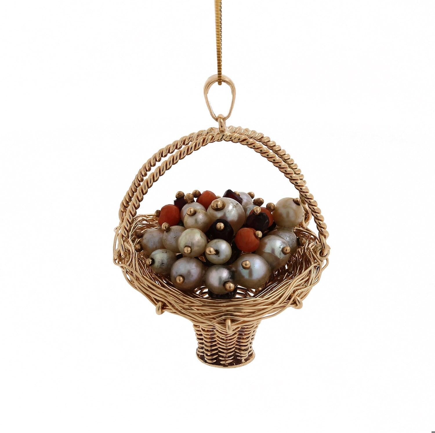 14K Yellow Gold Charm Pendant Basket of Akoya Pearls Coral Garnet Gemstones