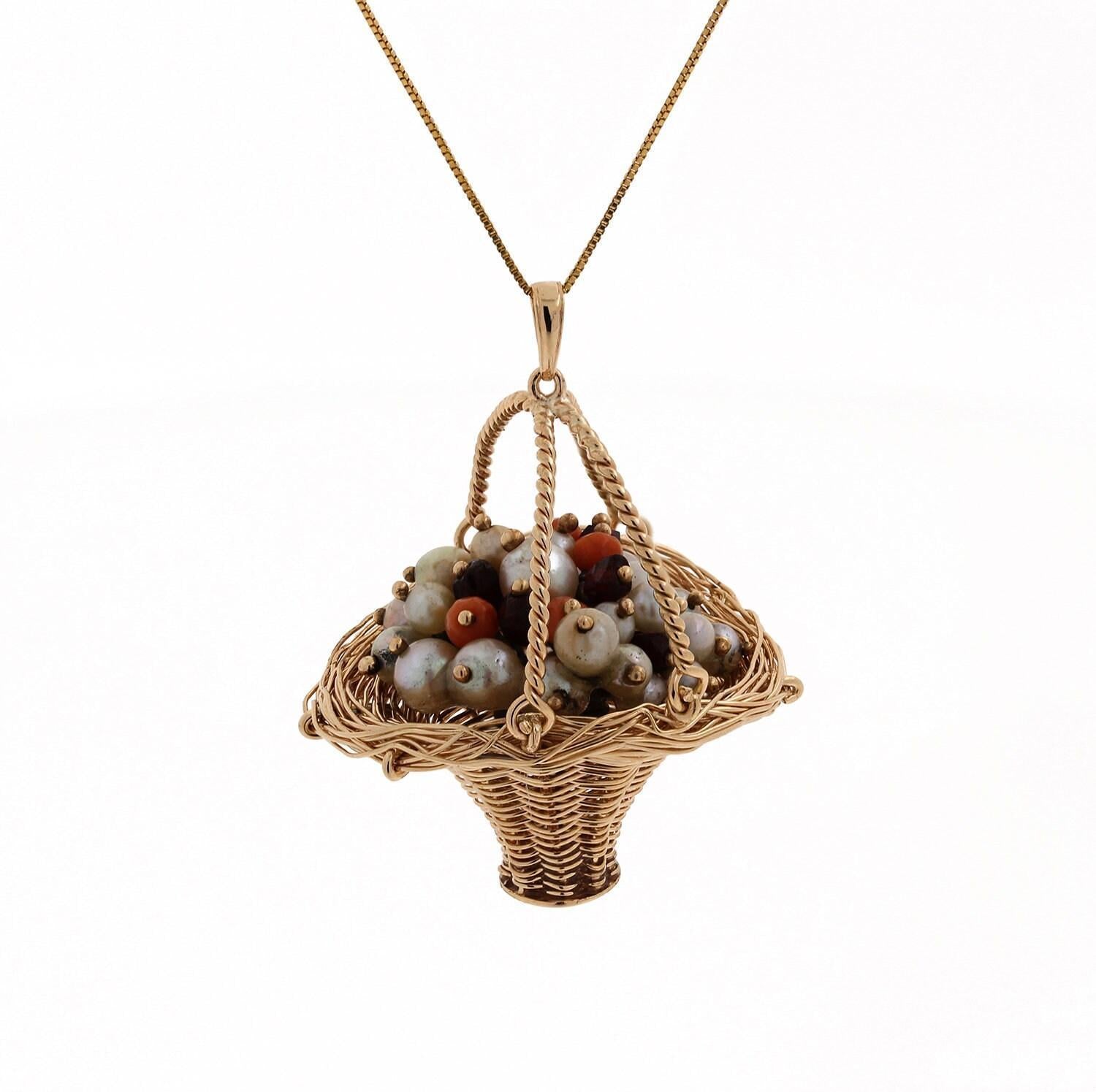 14K Yellow Gold Charm Pendant Basket of Akoya Pearls Coral Garnet Gemstones