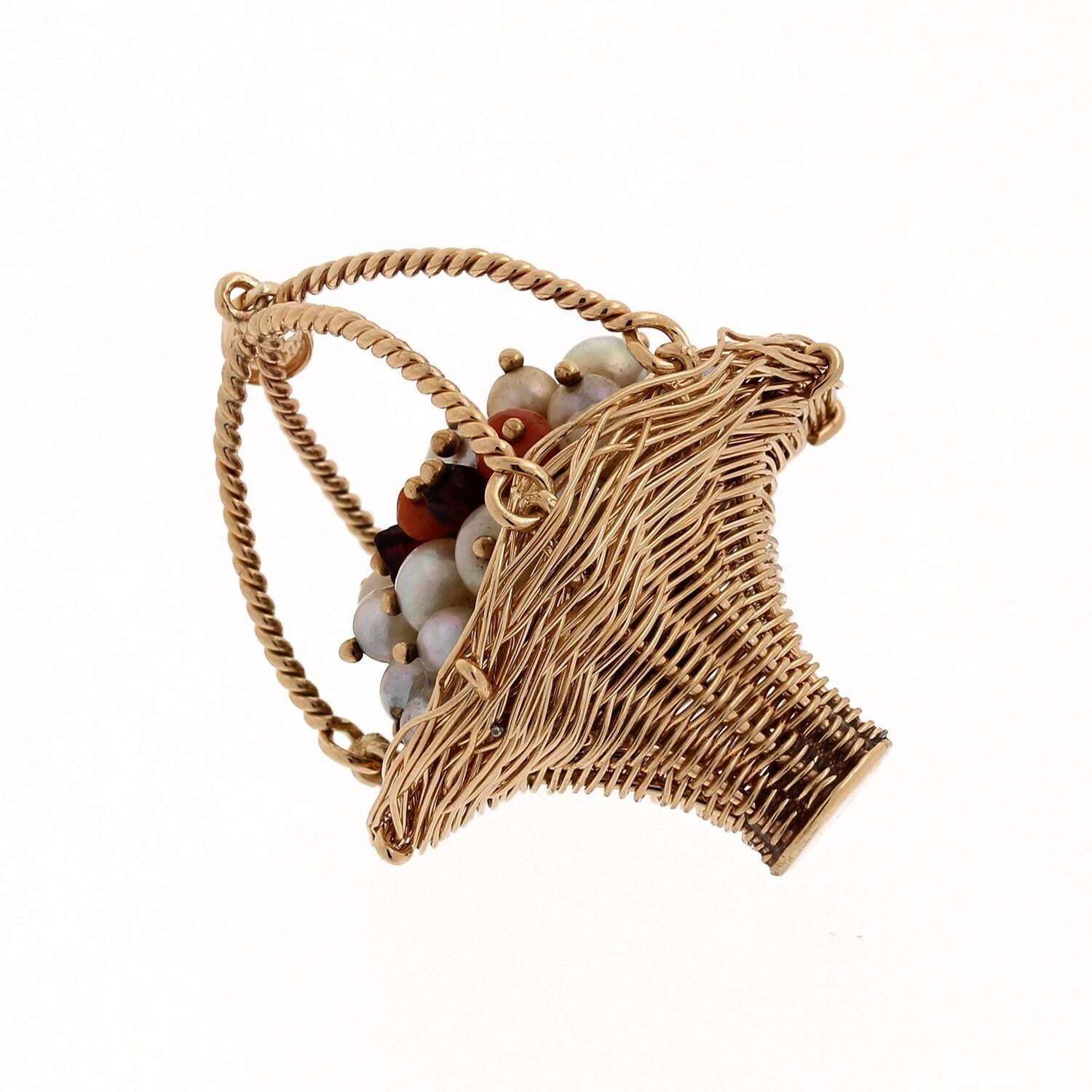 14K Yellow Gold Charm Pendant Basket of Akoya Pearls Coral Garnet Gemstones