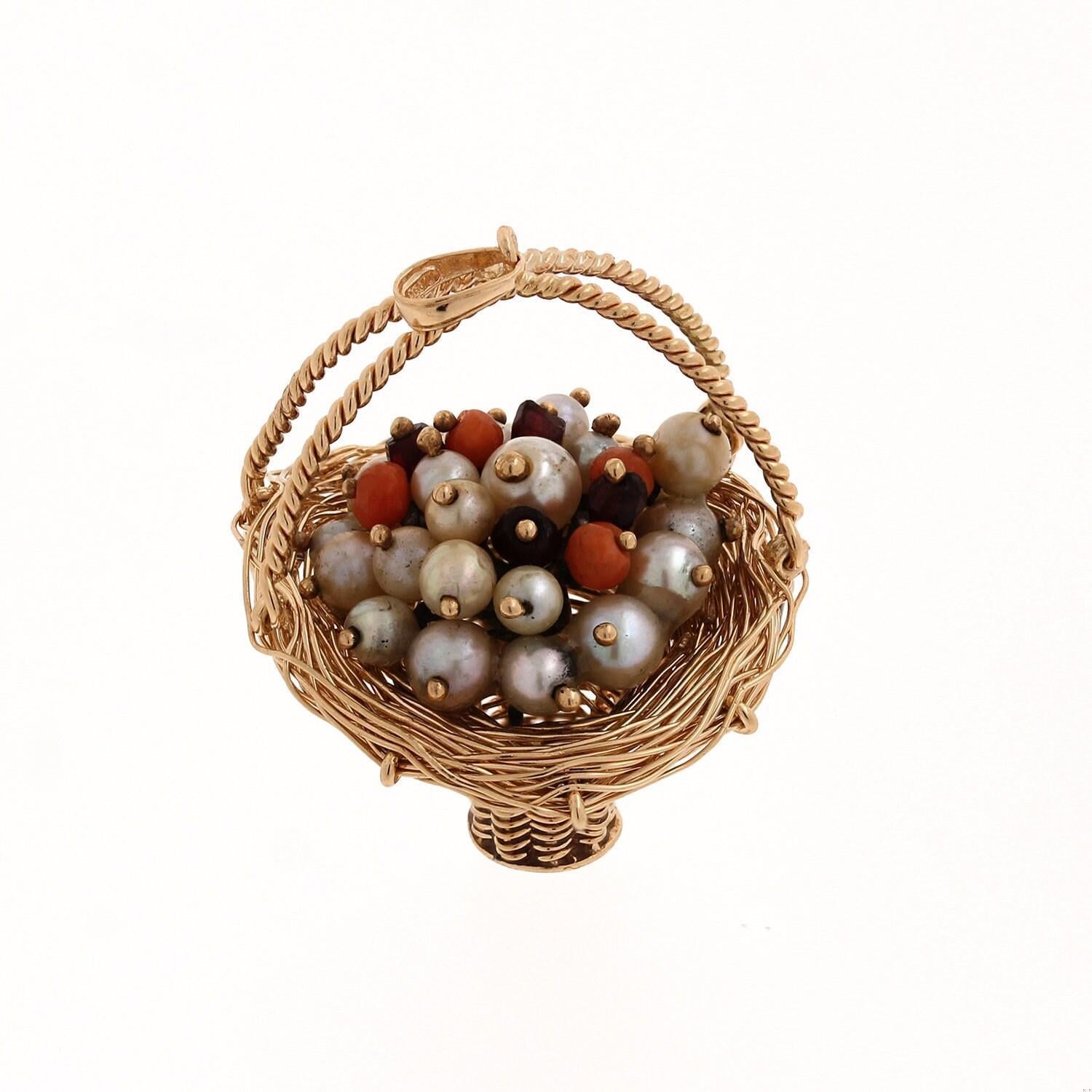 14K Yellow Gold Charm Pendant Basket of Akoya Pearls Coral Garnet Gemstones