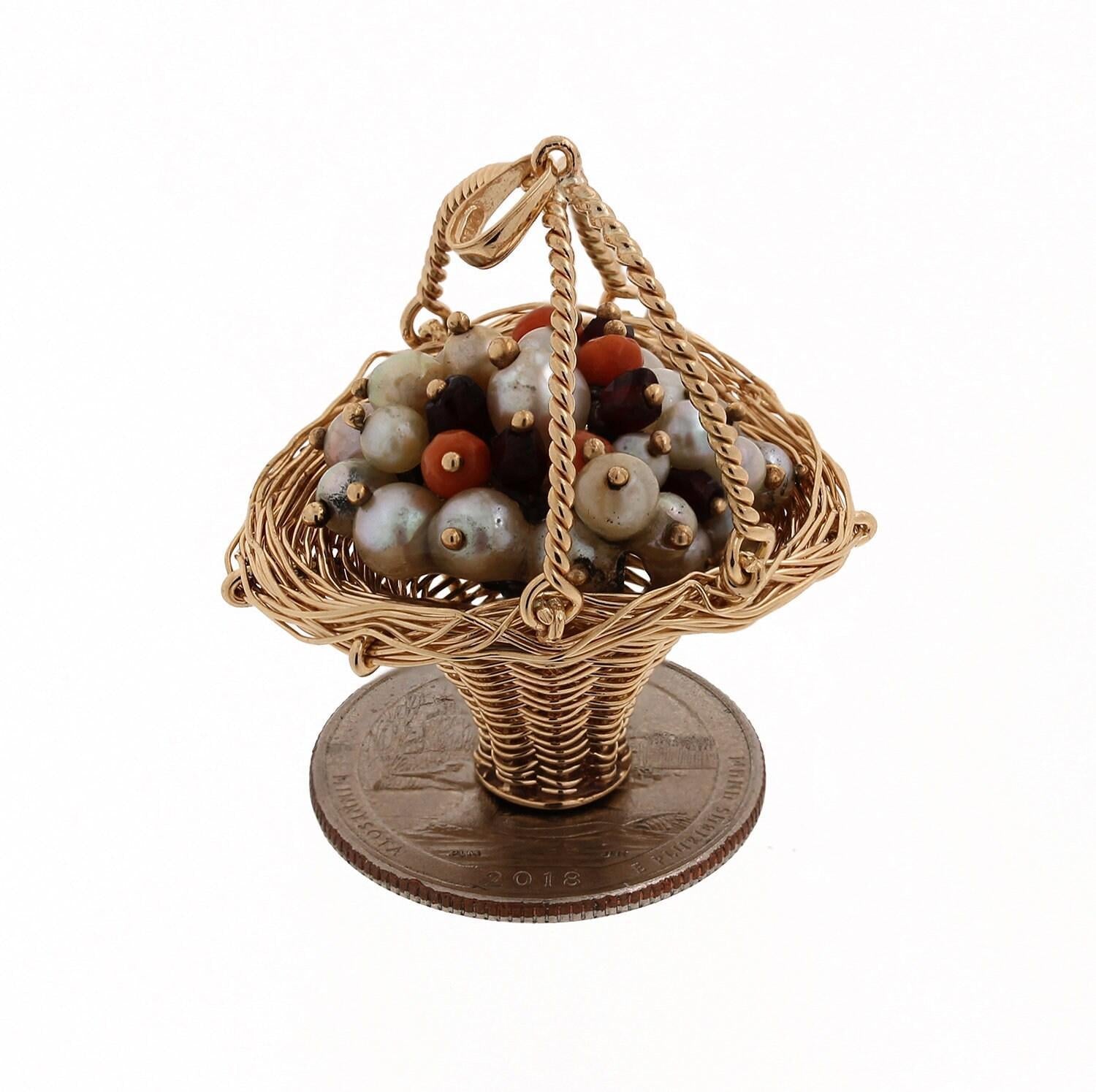 14K Yellow Gold Charm Pendant Basket of Akoya Pearls Coral Garnet Gemstones