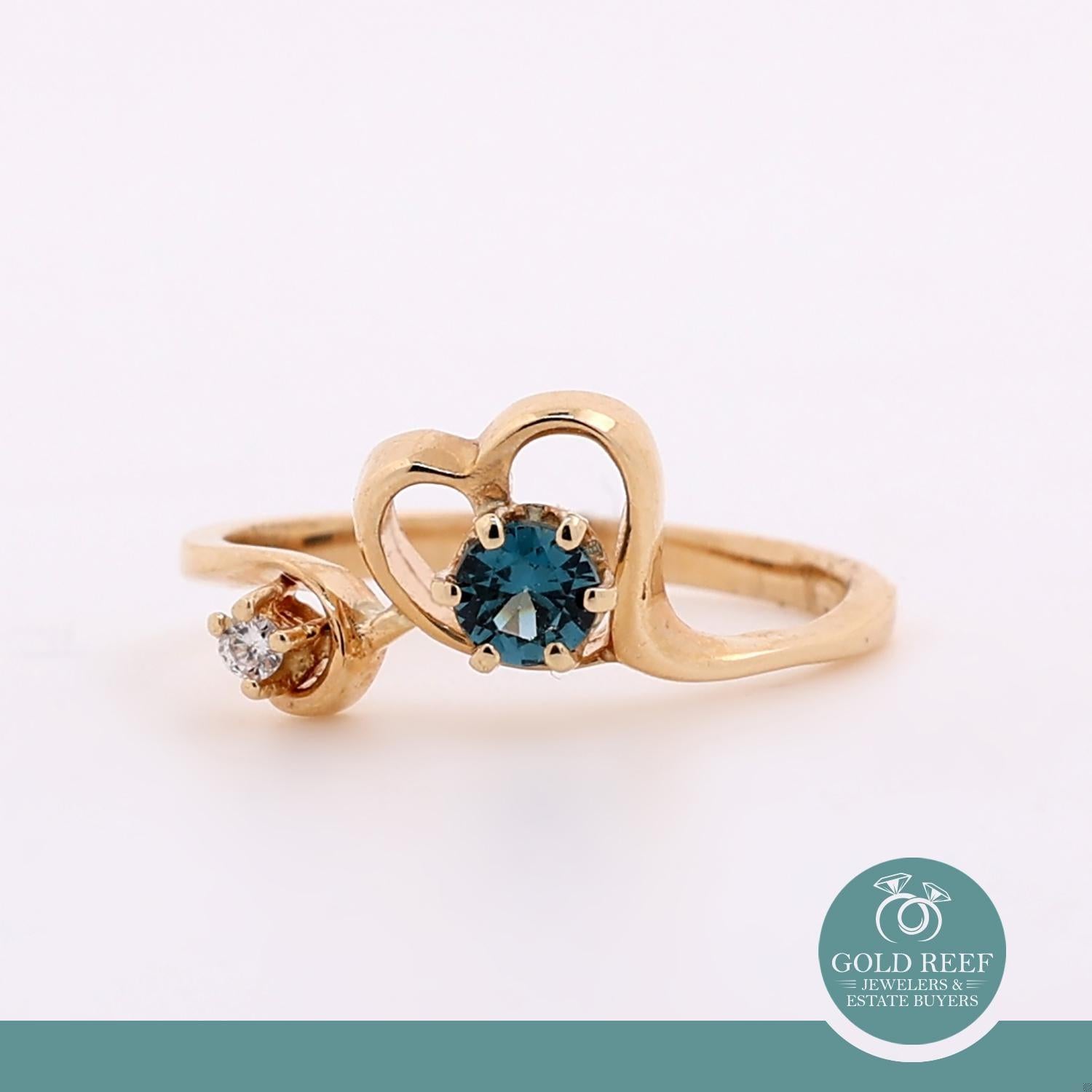 Blue Topaz Diamond Heart Ring 14K Yellow Gold 0.28 CTW Size 6.75 Vintage Estate