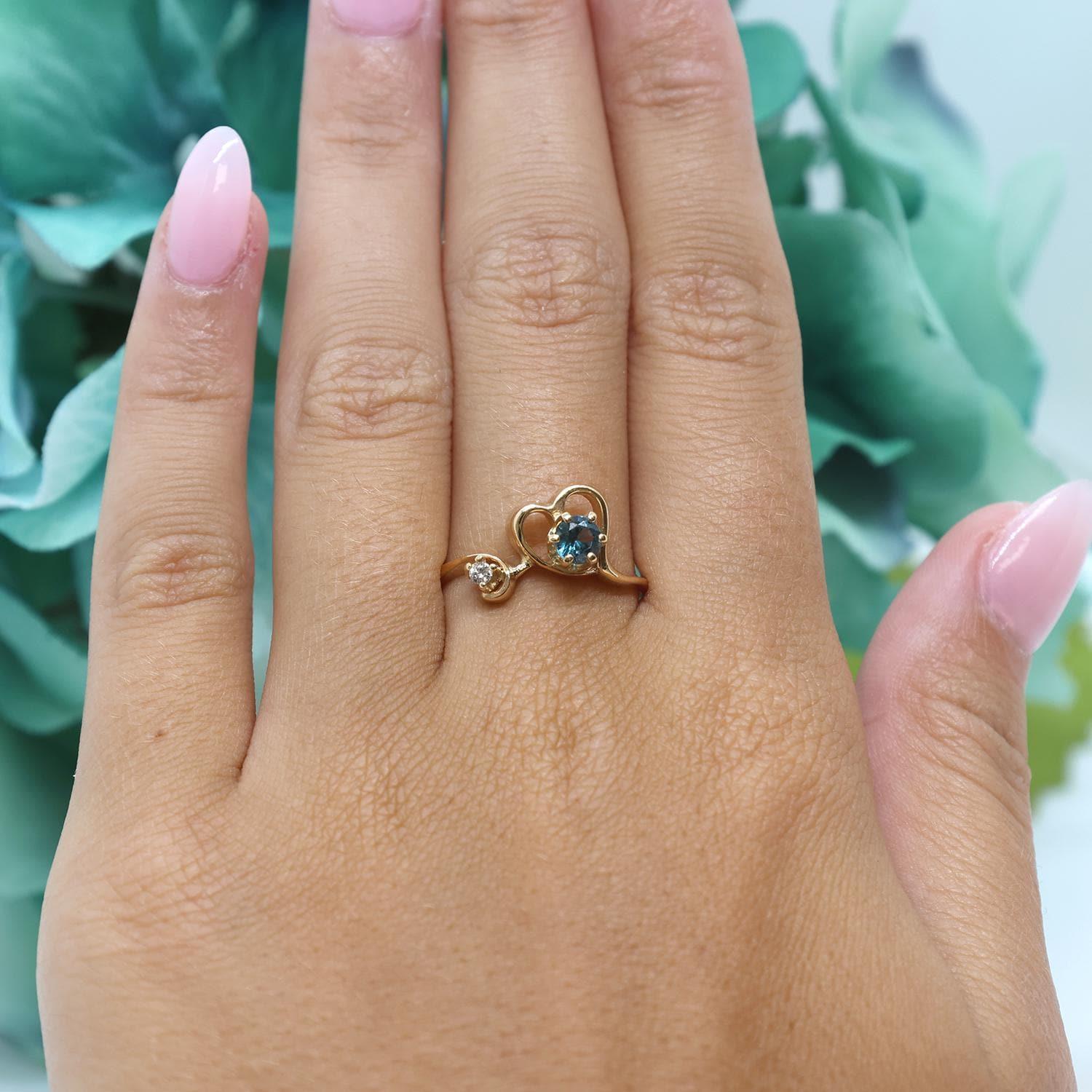 Blue Topaz Diamond Heart Ring 14K Yellow Gold 0.28 CTW Size 6.75 Vintage Estate