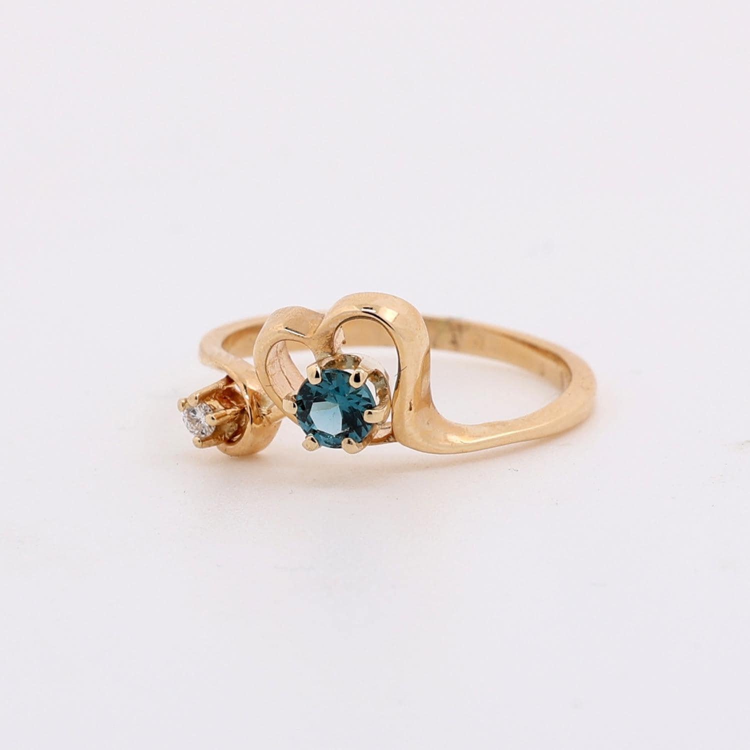 Blue Topaz Diamond Heart Ring 14K Yellow Gold 0.28 CTW Size 6.75 Vintage Estate